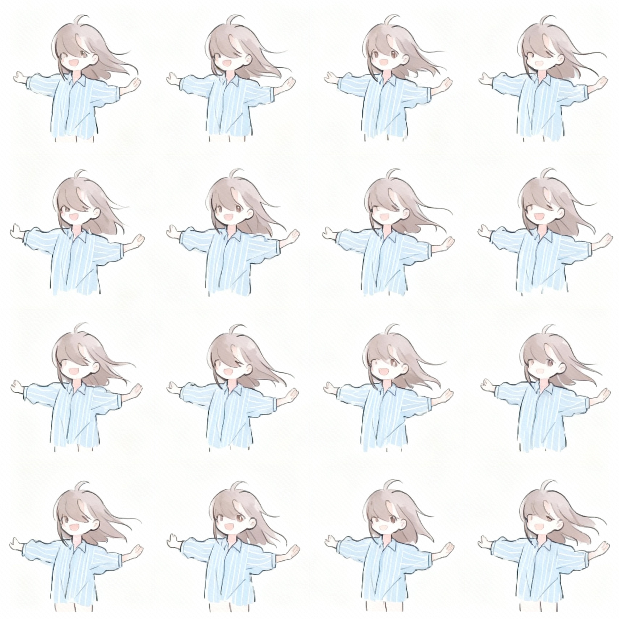 A 4x4 pastel anime pose sheet showing a cheerful ash-brown-haired girl in a loose blue striped shirt repeating an open-armed carefree gesture.