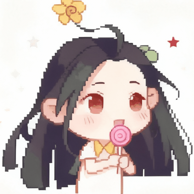 Cute pixel art style illustration of a happy chibi girl with long dark hair eating a pink lollipop, wearing a small yellow flower on her head against a background of scattered stars.