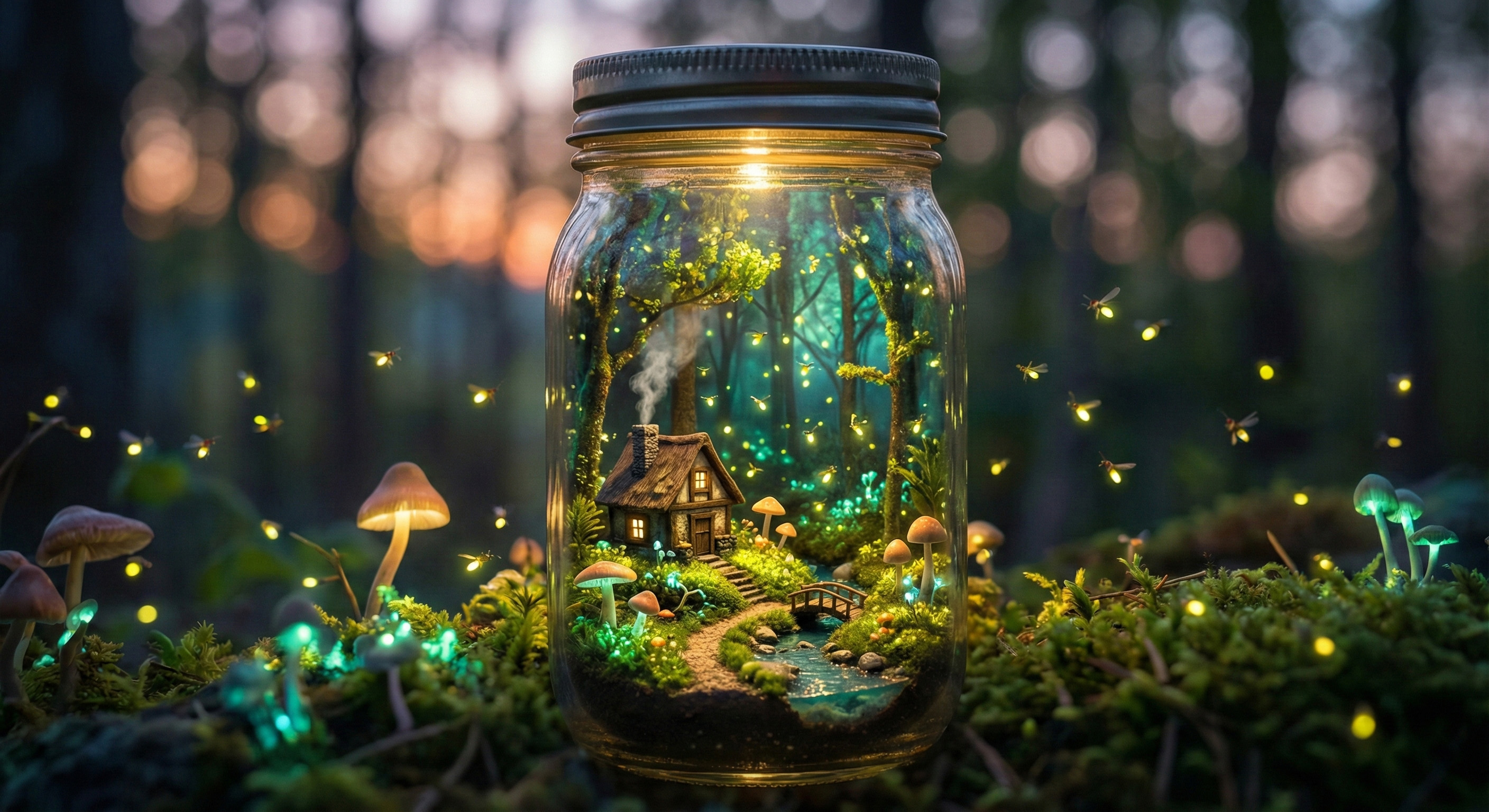 Magical miniature forest world inside a glass mason jar sitting on moss. It features a tiny cozy cottage and stream, surrounded by glowing bioluminescent mushrooms and fireflies.