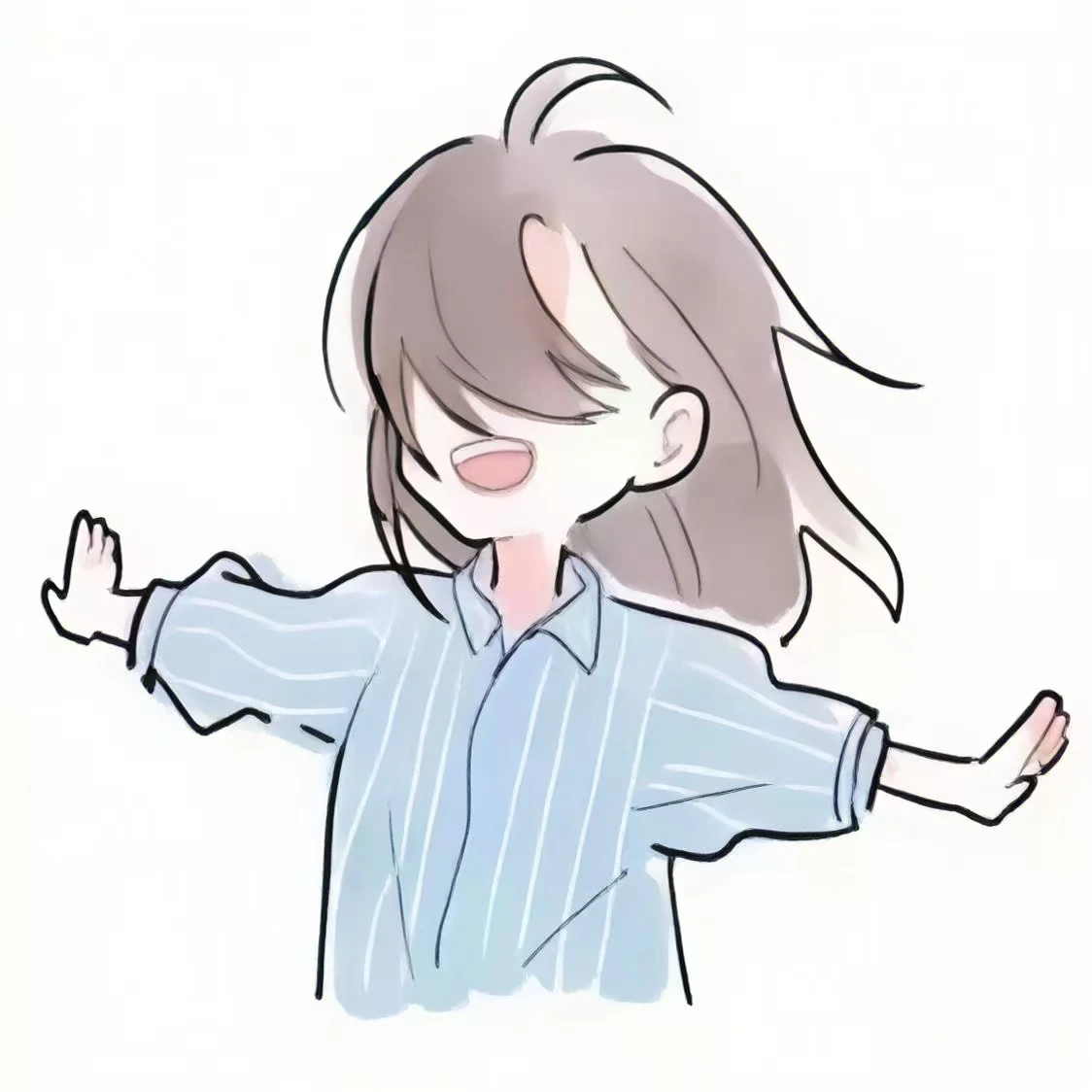 Clean anime line art illustration of a smiling girl with messy hair partially covering her eyes, wearing a light blue striped button-up shirt with arms joyfully outstretched.