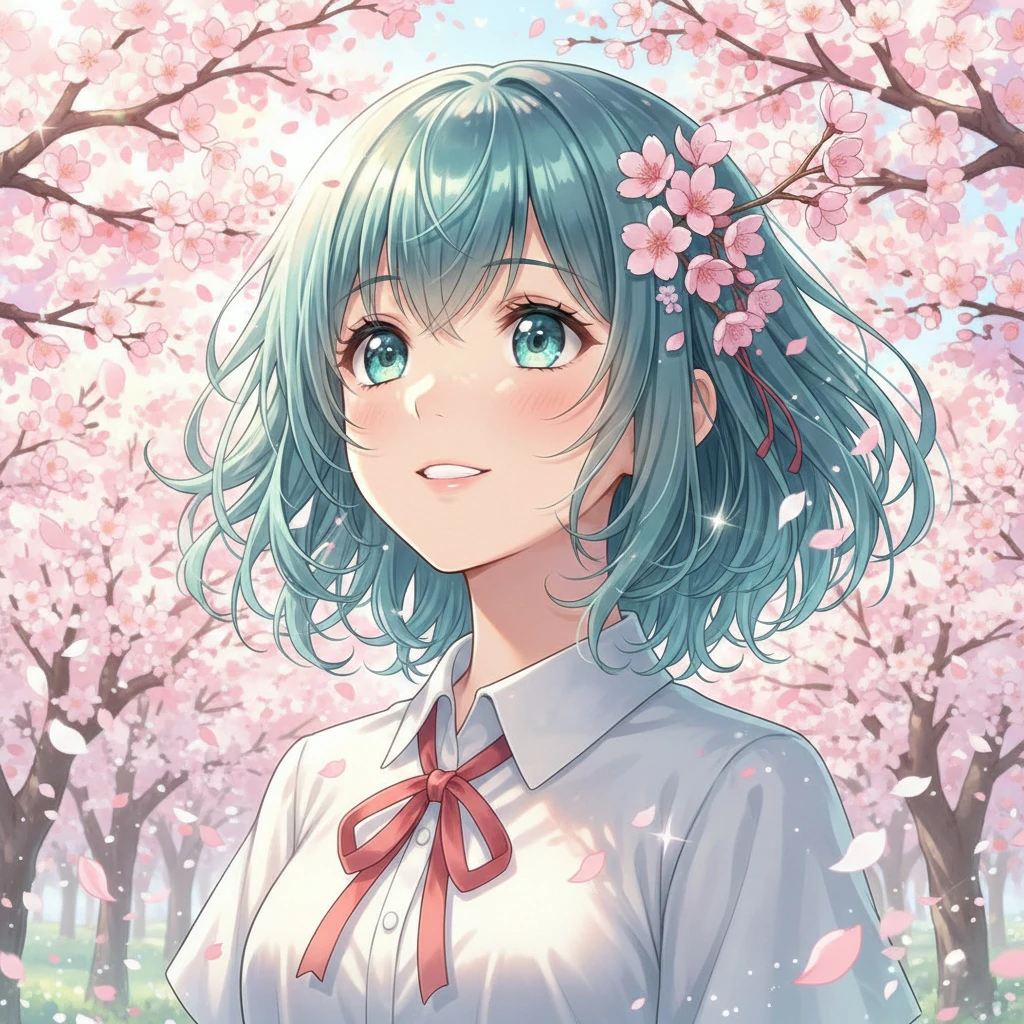 Anime portrait of a teal-haired schoolgirl with bright turquoise eyes and a red ribbon, surrounded by sunlit pink cherry blossoms and drifting petals.
