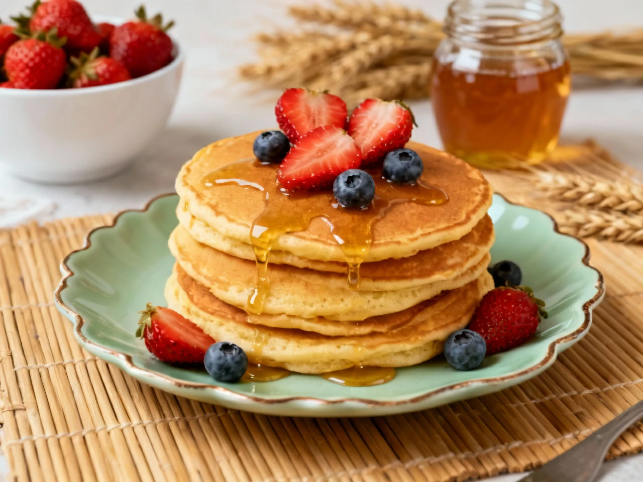 A stack of fluffy pancakes on a light green plate, topped with fresh strawberries, blueberries, and dripping maple syrup, placed on a bamboo mat next to a jar of honey and wheat.