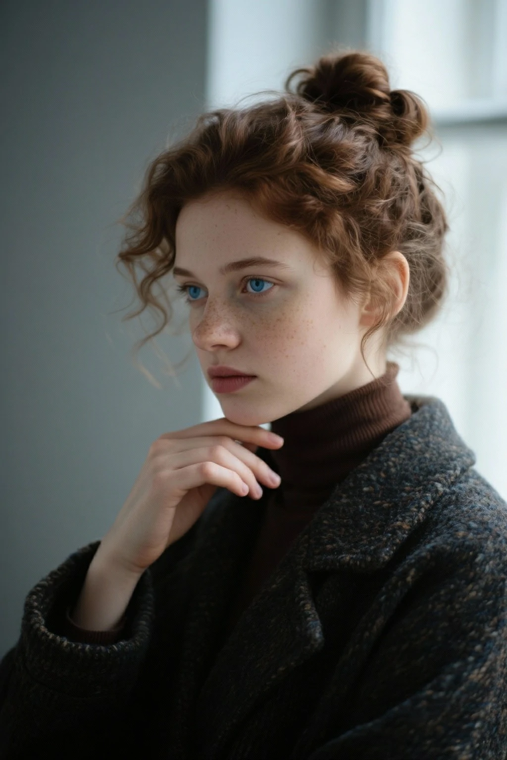 Portrait of a young woman with curly red hair in a bun, striking blue eyes, and freckles. She is wearing a brown turtleneck and dark coat, resting her hand by her chin in soft light.