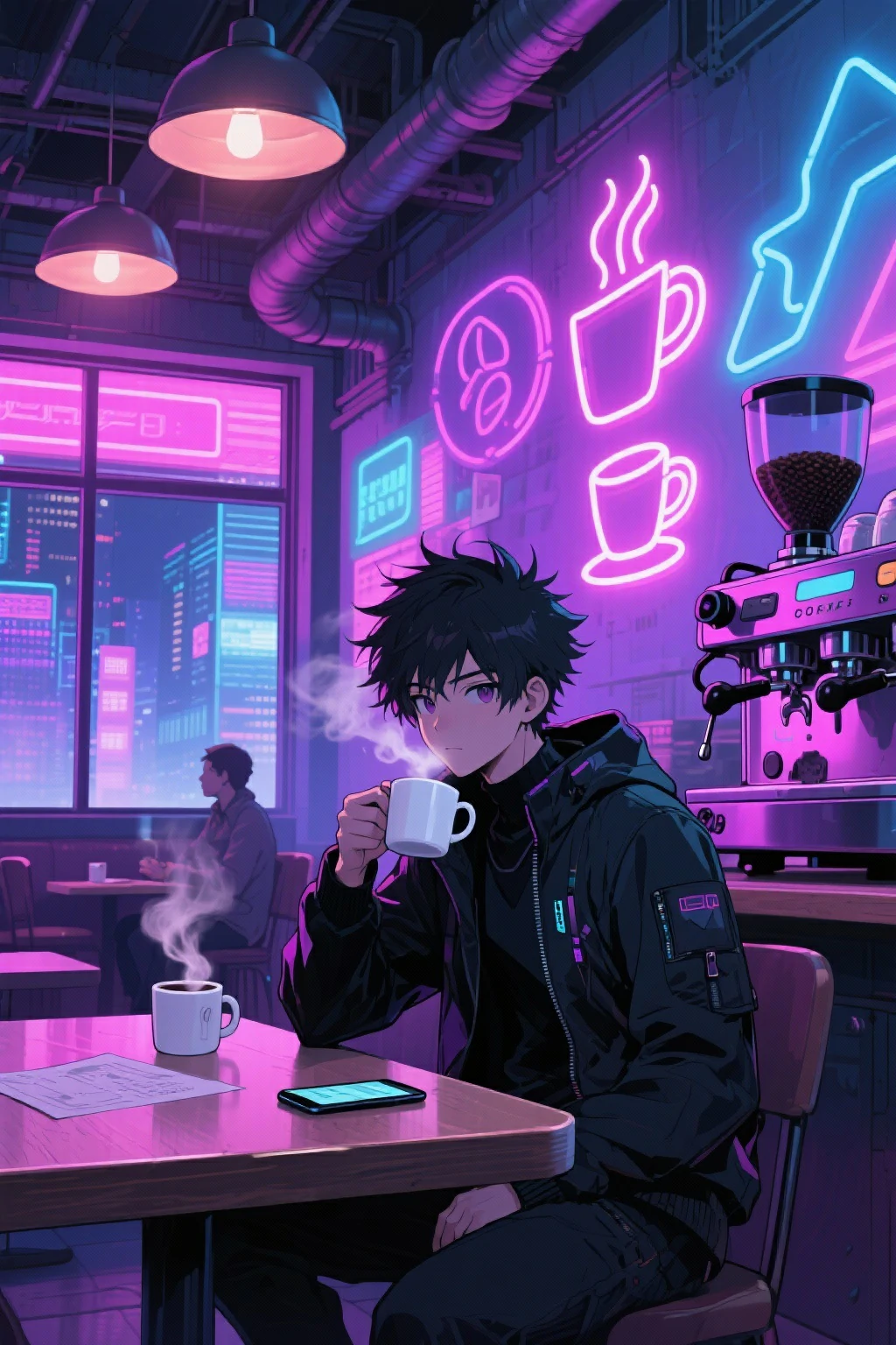 Anime-style illustration of a boy in a black jacket drinking steaming coffee in a cyberpunk cafe. The room is illuminated by purple and pink neon coffee signs, with a city view outside.