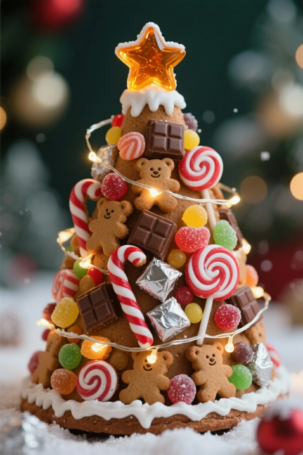 A festive gingerbread Christmas tree decorated with chocolate squares, candy canes, gummy drops, teddy bear cookies, and fairy lights, topped with a glowing amber star on a snowy surface.