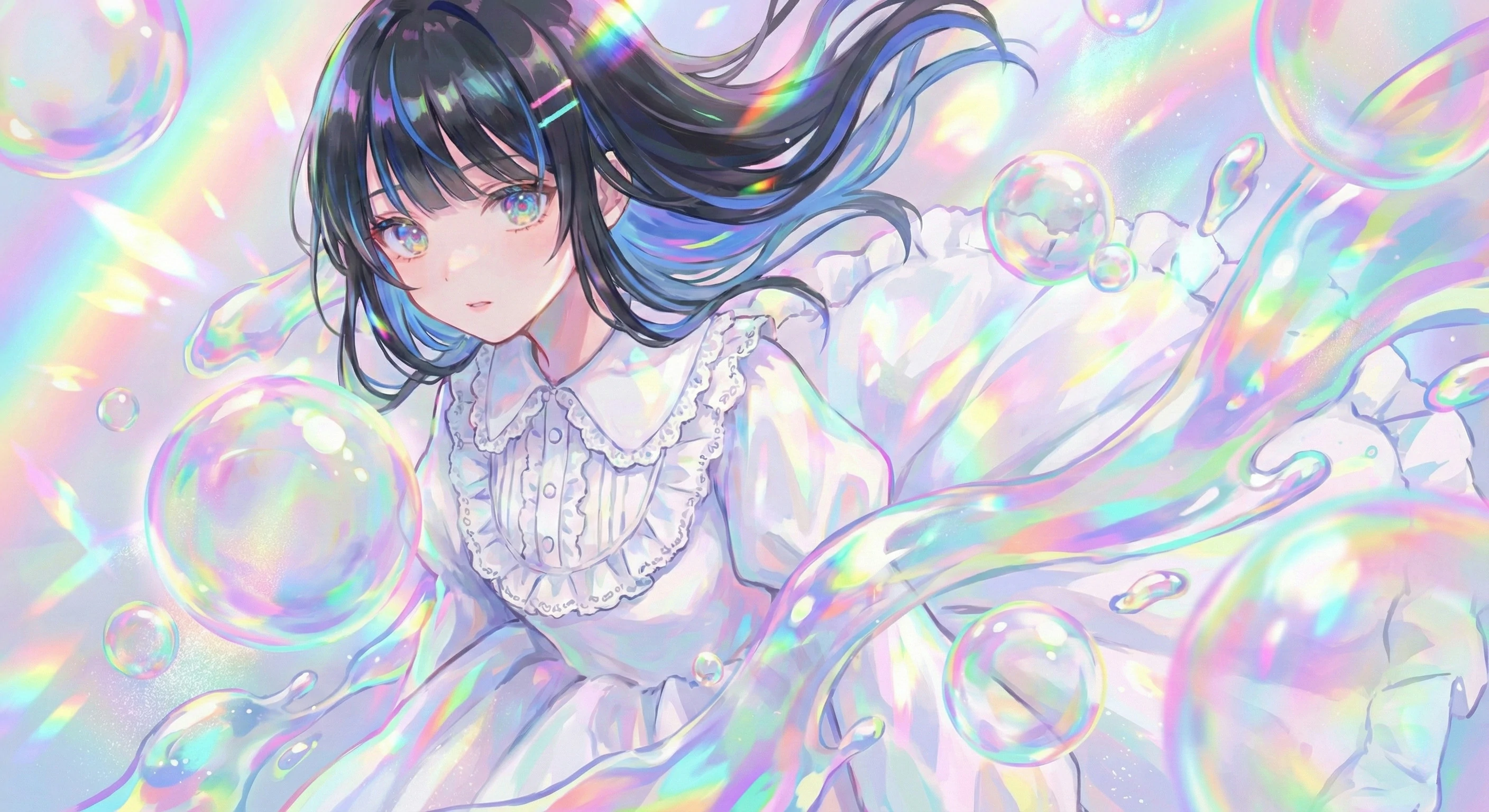 Dreamy anime digital art of a girl in a white ruffled dress surrounded by floating iridescent bubbles, rainbow flares, and flowing liquid fabric.