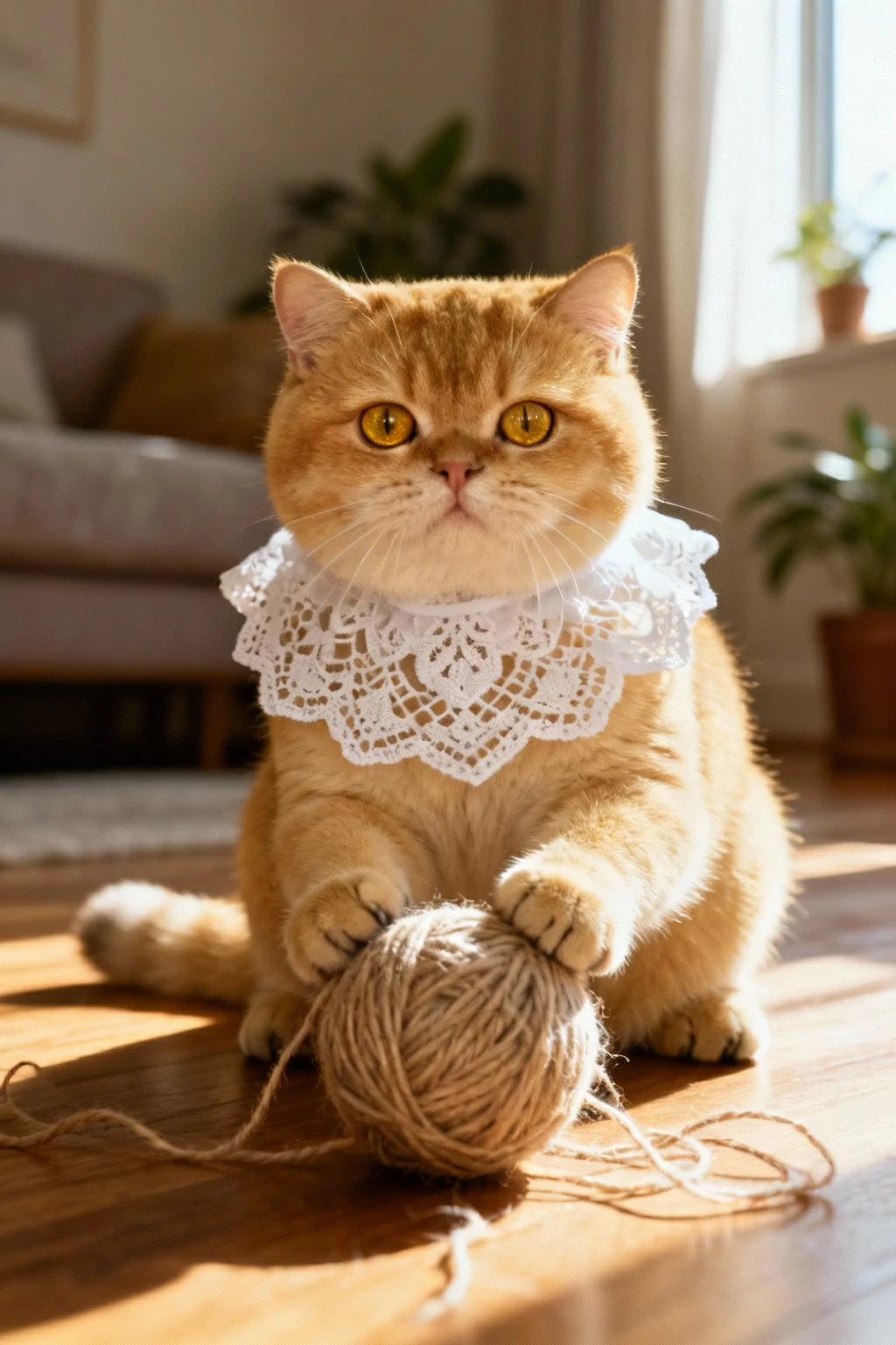 Round-faced orange short-haired cat wearing a white lace collar and holding a ball of yarn while sitting on a sunlit wooden floor in a cozy room.