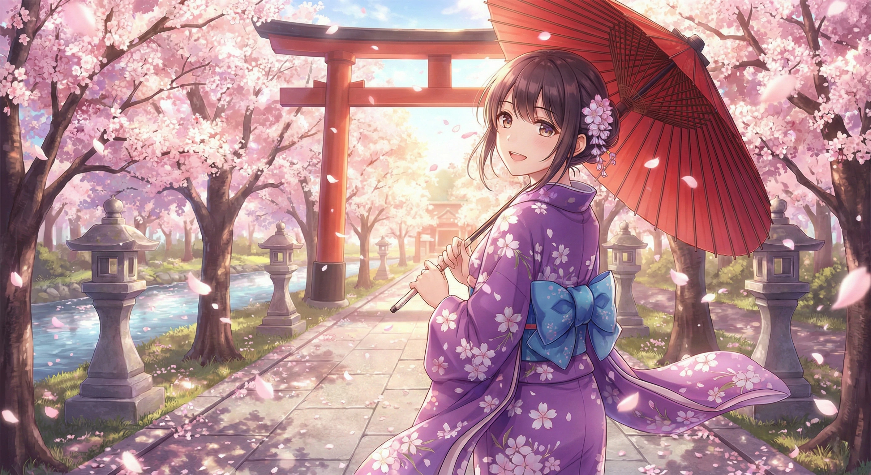 Anime illustration of a smiling woman in a purple cherry-blossom kimono holding a red parasol on a sunlit shrine path with torii gates, lanterns, and falling petals.