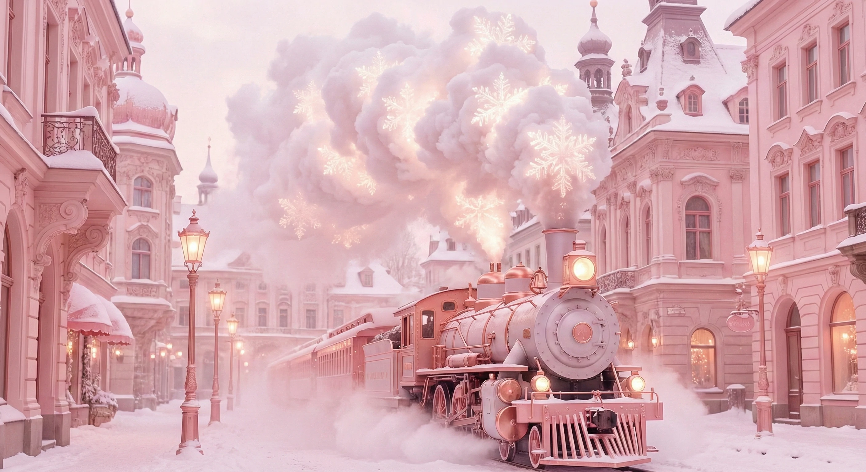 Fantasy winter scene of a vintage steam train traveling through a pastel pink, snow-covered European city street. The train's thick smoke magically forms glowing snowflake shapes in the air.