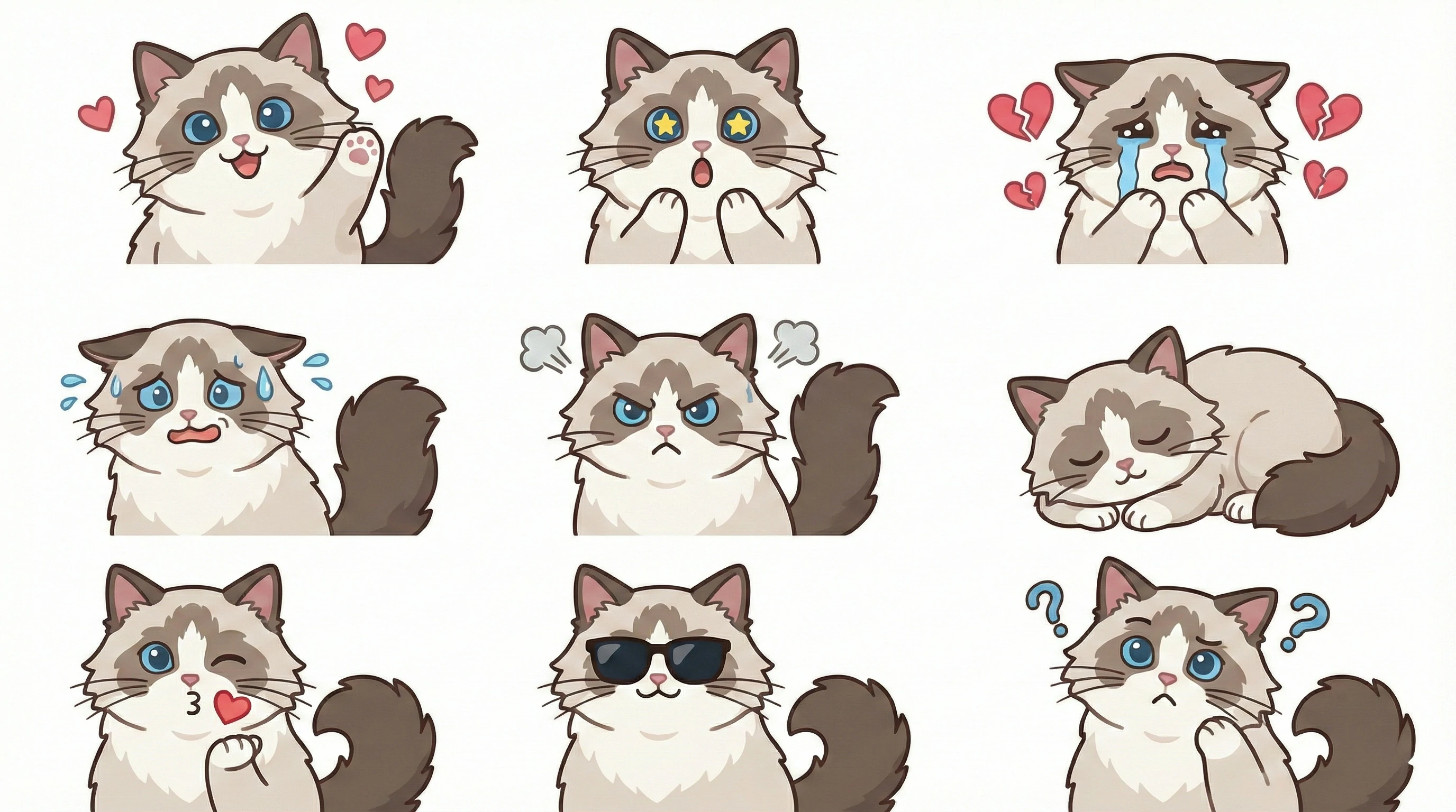A 3x3 sticker sheet of a blue-eyed Ragdoll cat showing nine reactions, including waving, crying, sleeping, anger, a kiss, sunglasses, and confusion.