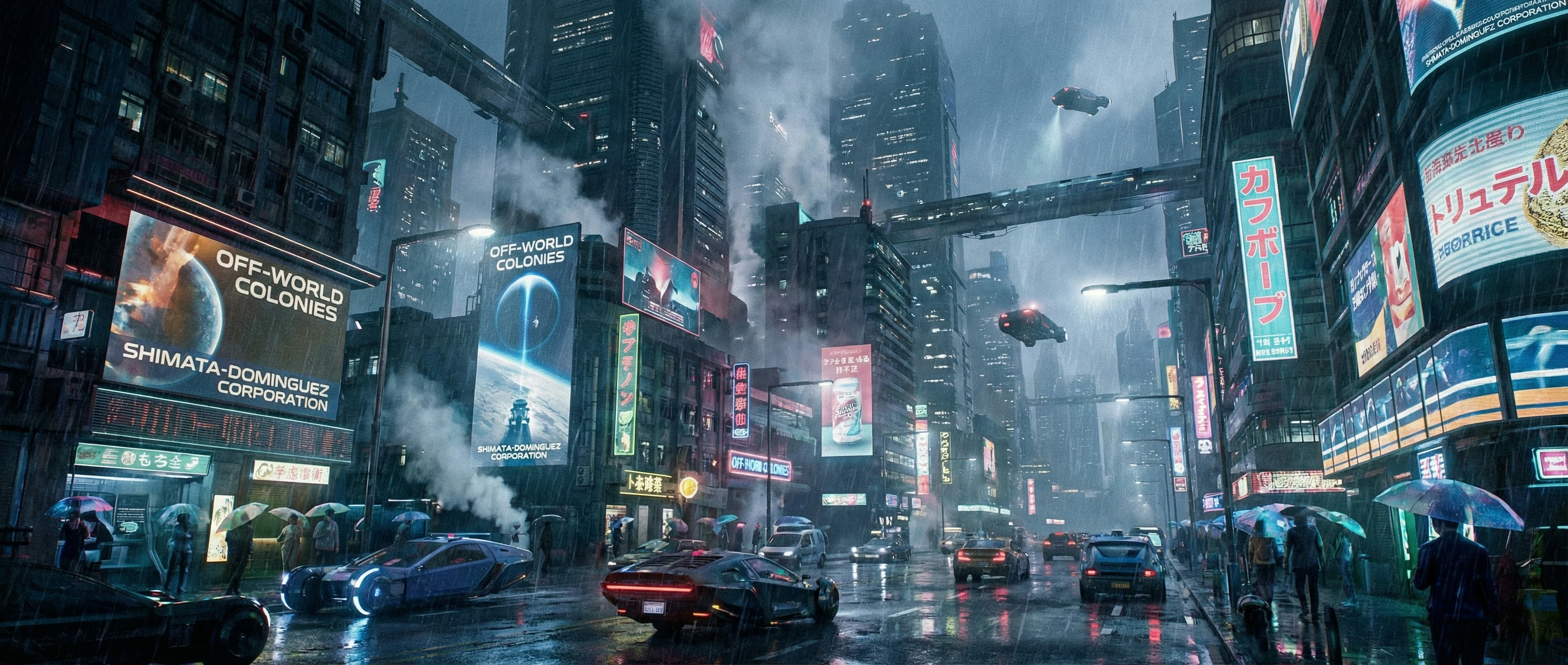 Cinematic cyberpunk cityscape on a rainy night. Futuristic flying cars hover above a wet, crowded street illuminated by bright neon signs and glowing billboards for "Off-World Colonies".