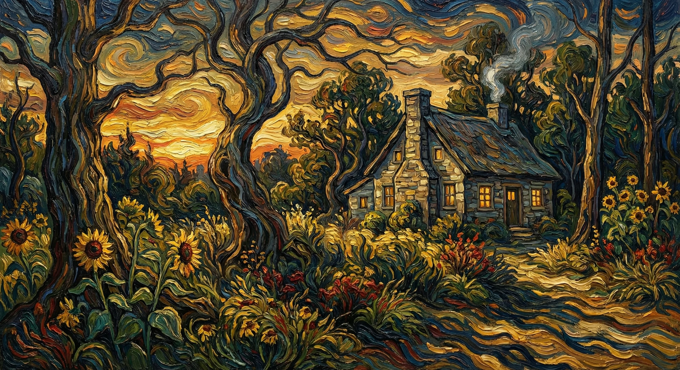 Impasto oil painting in a swirling post-impressionist style, featuring a cozy stone cottage with glowing windows, twisted trees, and bright sunflowers under a twilight sky.