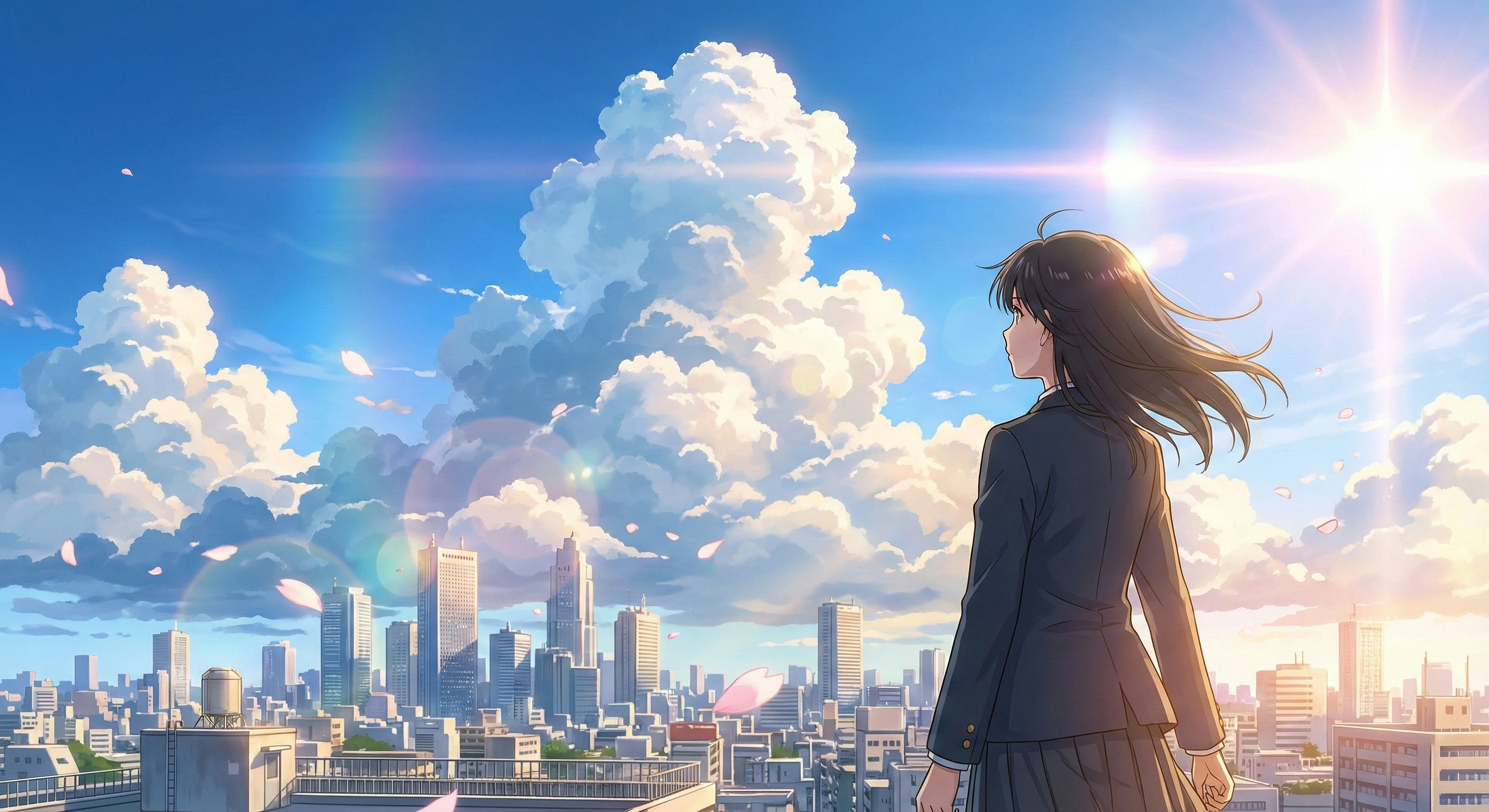 Anime illustration of a schoolgirl on a city rooftop looking at a bright sun and massive fluffy clouds, with pink cherry blossom petals floating in the air against a blue sky.
