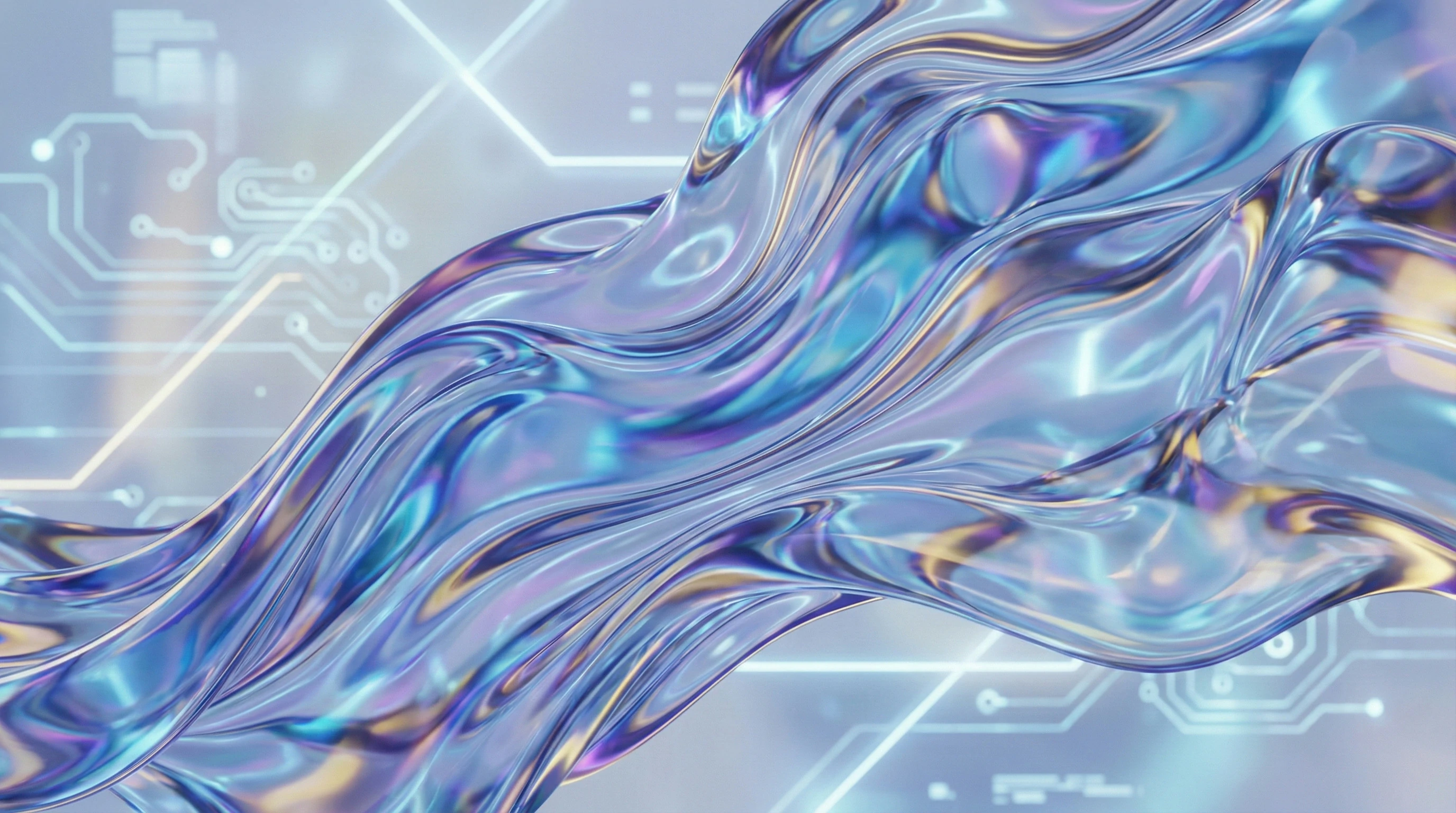 Abstract 3D render showing flowing iridescent fluid waves with holographic colors, set against a soft blue technological background with glowing circuit board lines.