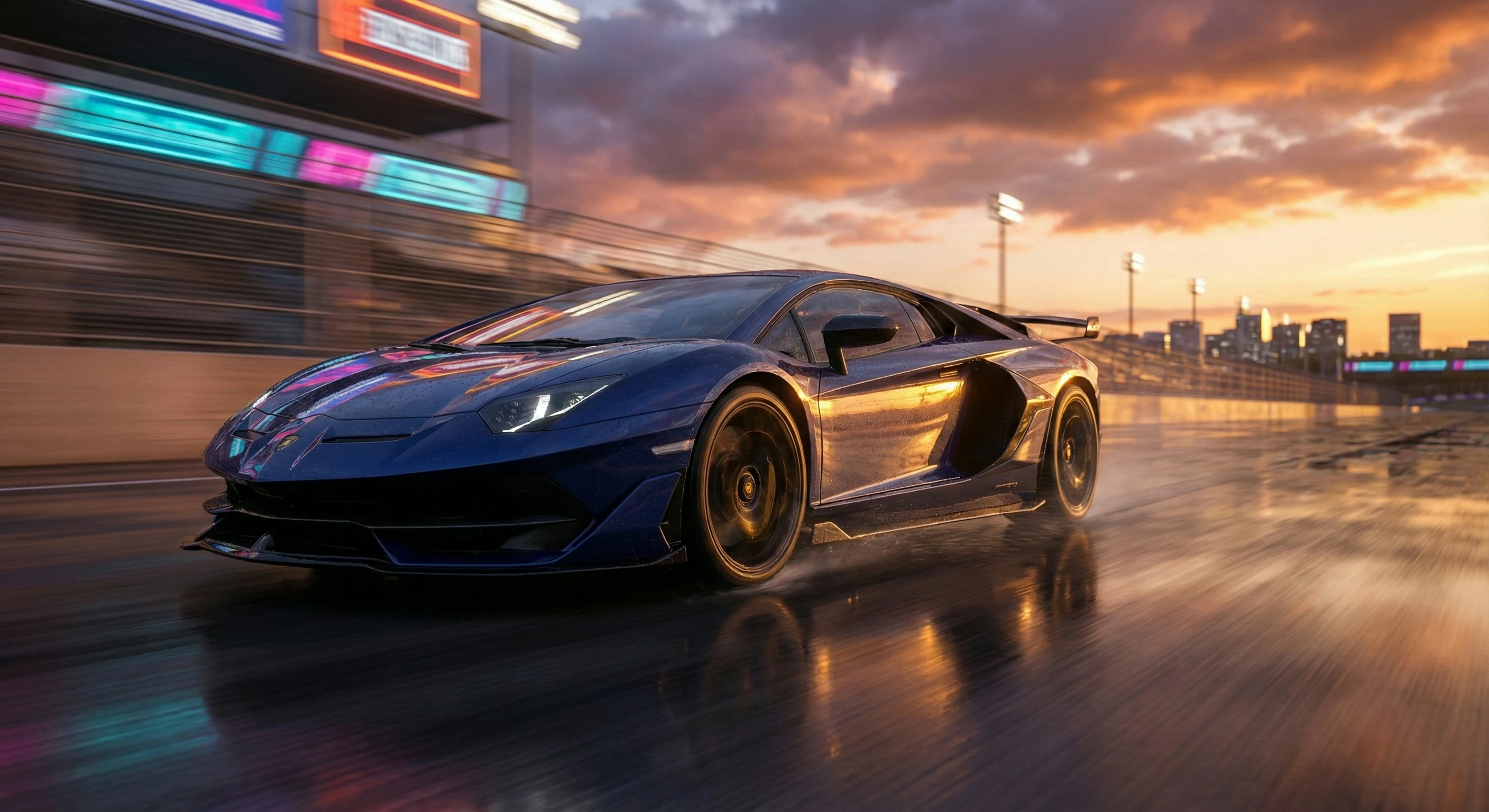 Dynamic panning shot of a dark blue Lamborghini sports car speeding on a wet race track at sunset, featuring motion blur, water spray, and a dramatic cloudy sky.