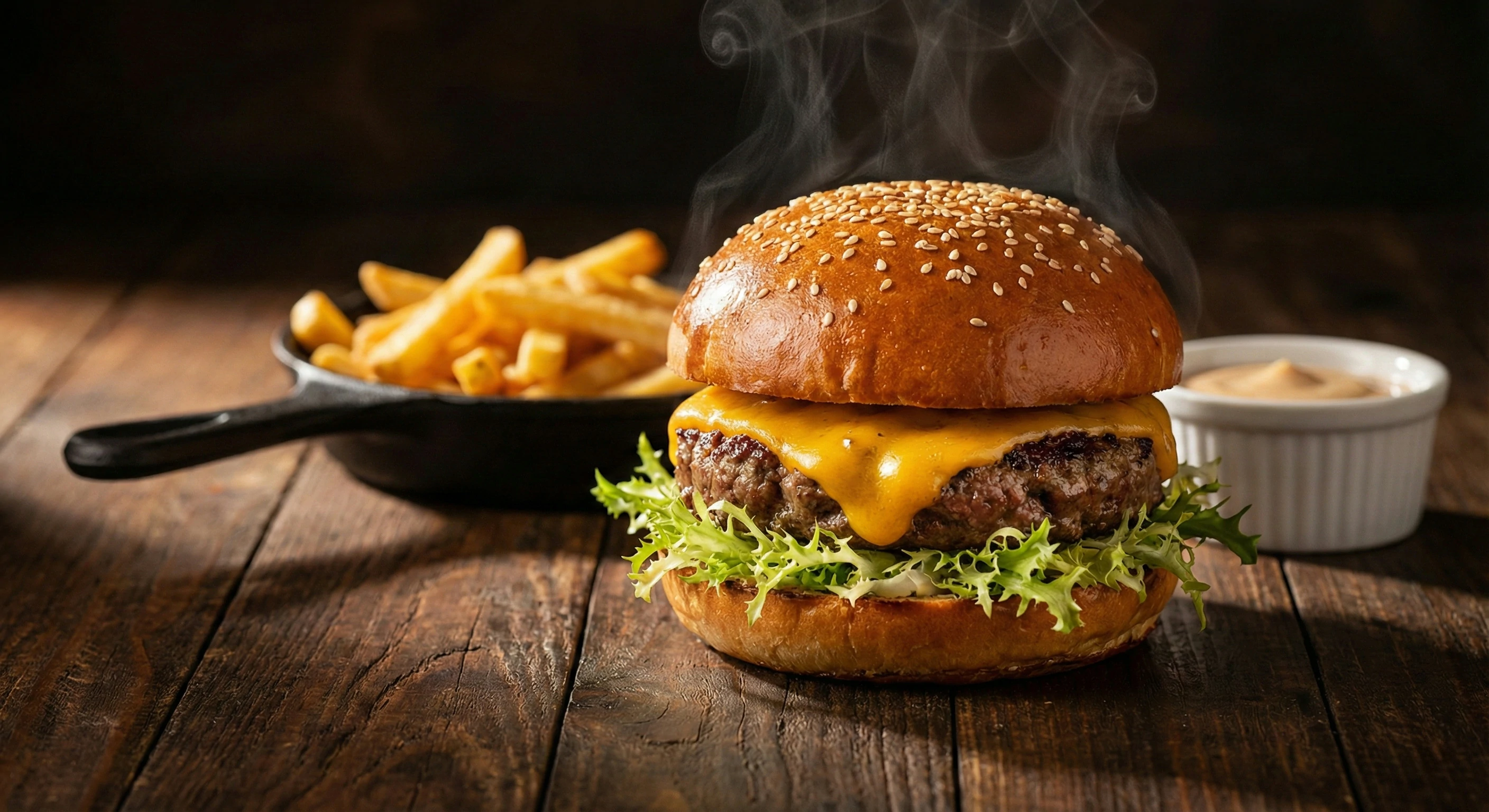 Close-up of a steaming hot, juicy cheeseburger with lettuce on a rustic wooden table, with a pan of crispy french fries and dipping sauce in the blurred background.