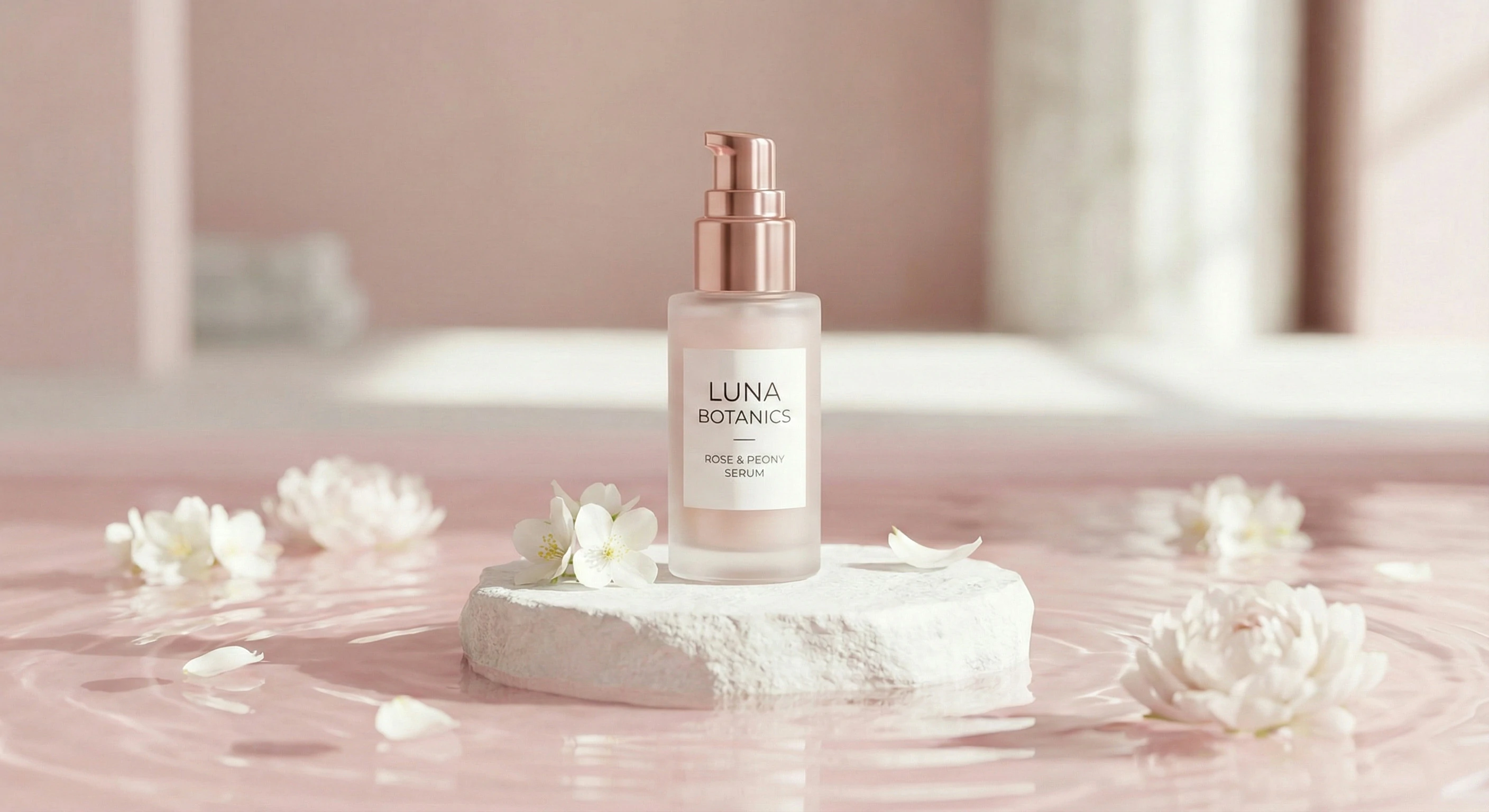 Product photography of Luna Botanics Rose & Peony Serum glass bottle resting on a white stone pedestal in shallow pastel pink water, surrounded by delicate white flowers.