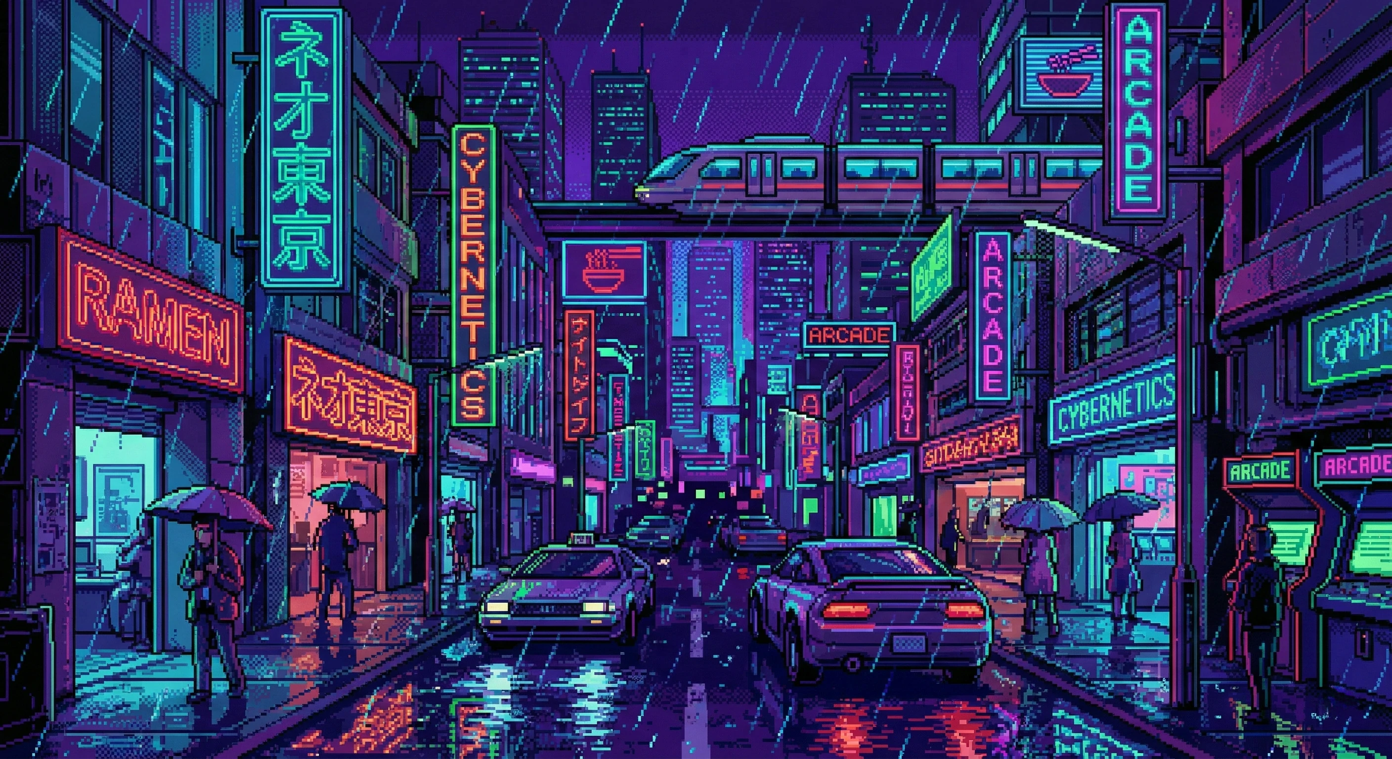 Pixel art of a rainy cyberpunk city street at night. Features glowing neon signs, wet street reflections, retro cars, pedestrians with umbrellas, and a monorail passing overhead.