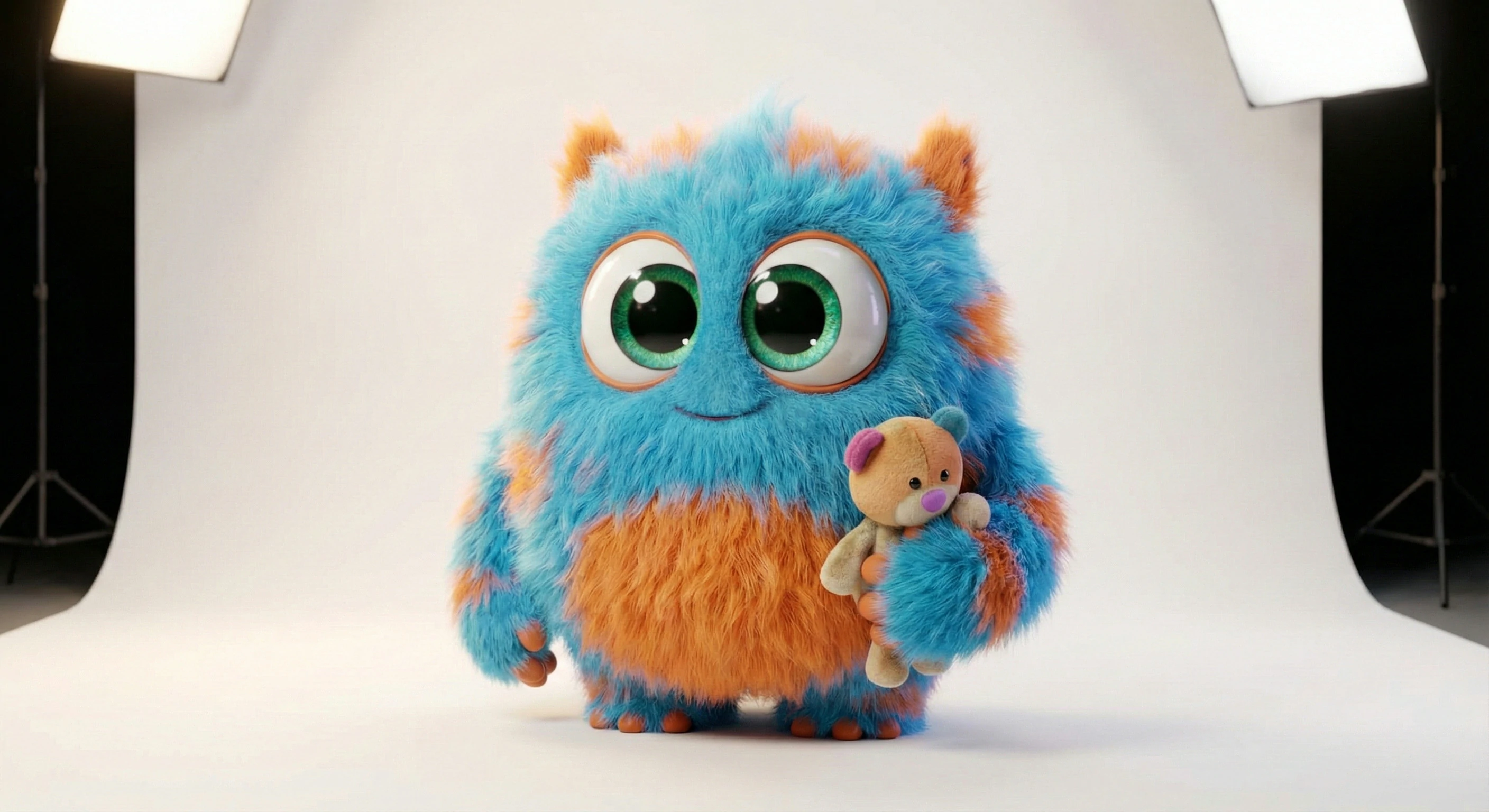 3D render of a cute, fluffy blue and orange monster with big green eyes holding a small teddy bear, standing in a bright white photography studio with softbox lights.