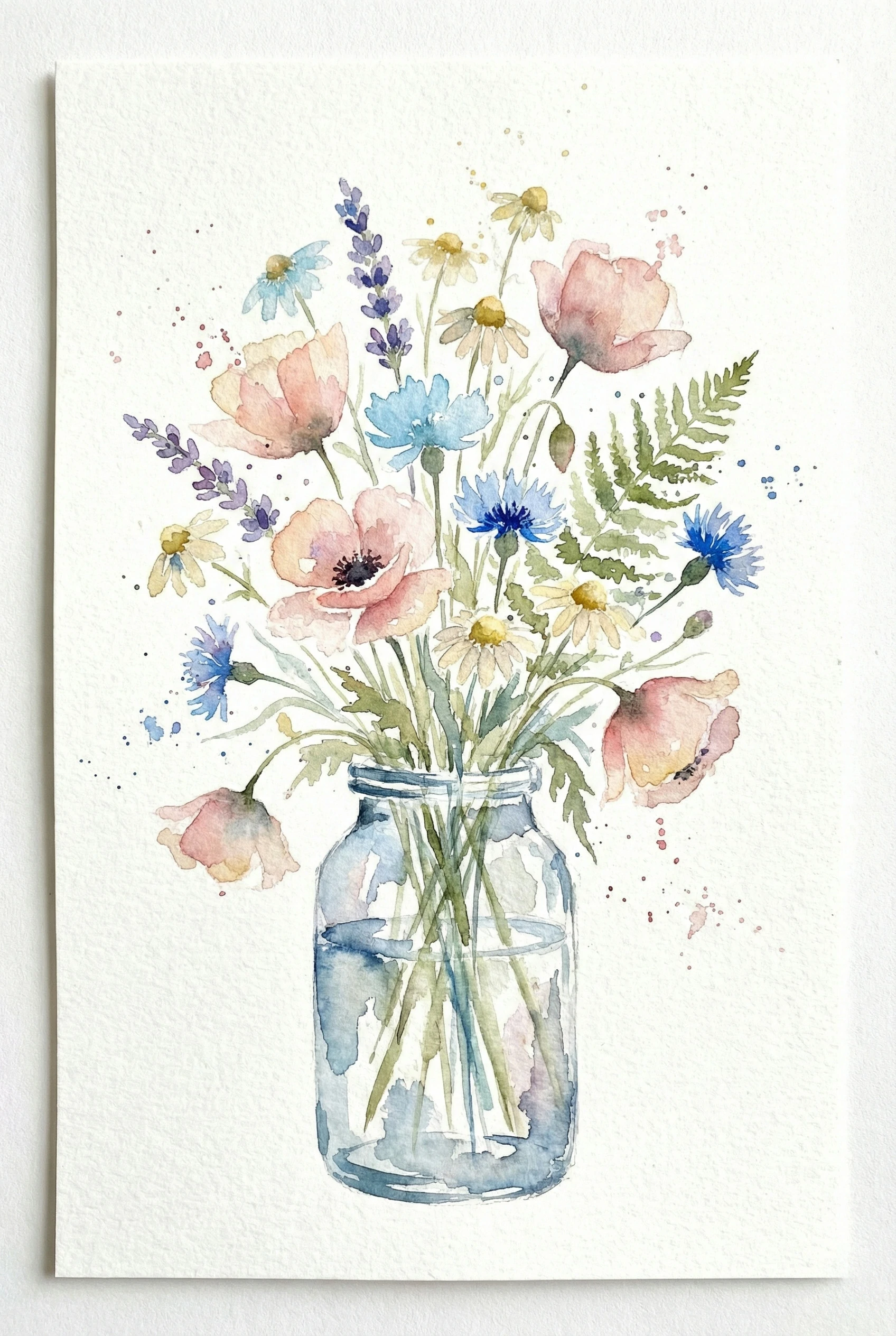 Watercolor painting of a vibrant wildflower bouquet featuring pink poppies, blue cornflowers, and daisies in a clear glass mason jar on a white paper background.
