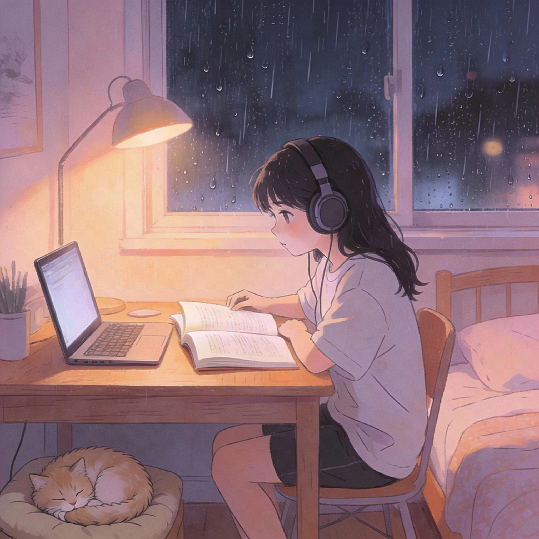 Lofi anime art of a girl with headphones studying at a desk with a laptop and book under warm lamp light. A cat sleeps nearby as rain falls outside the window at night.