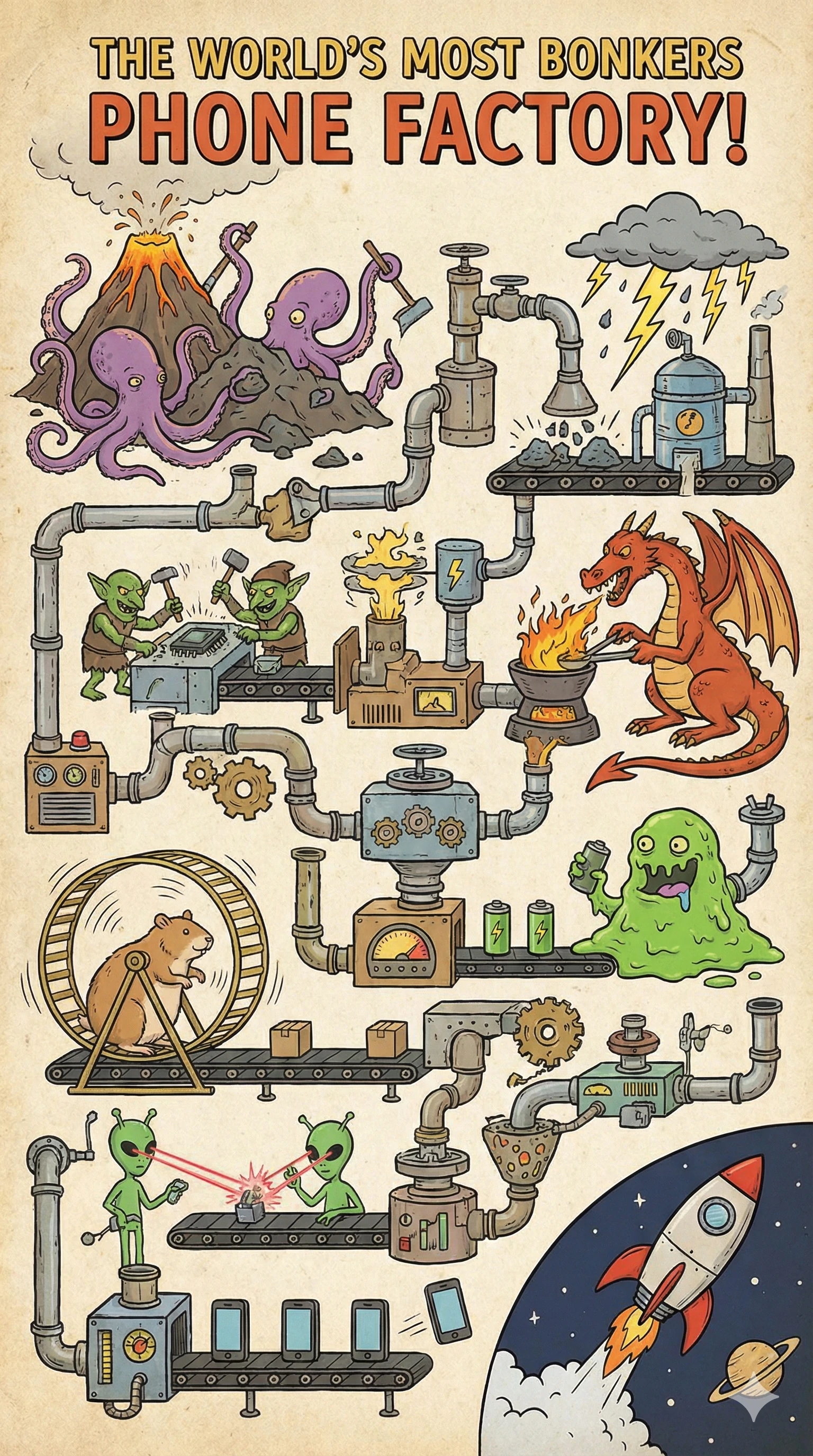 Whimsical vertical infographic titled "The World's Most Bonkers Phone Factory" showing a fantastical assembly line that builds smartphones through absurd machines and characters.
