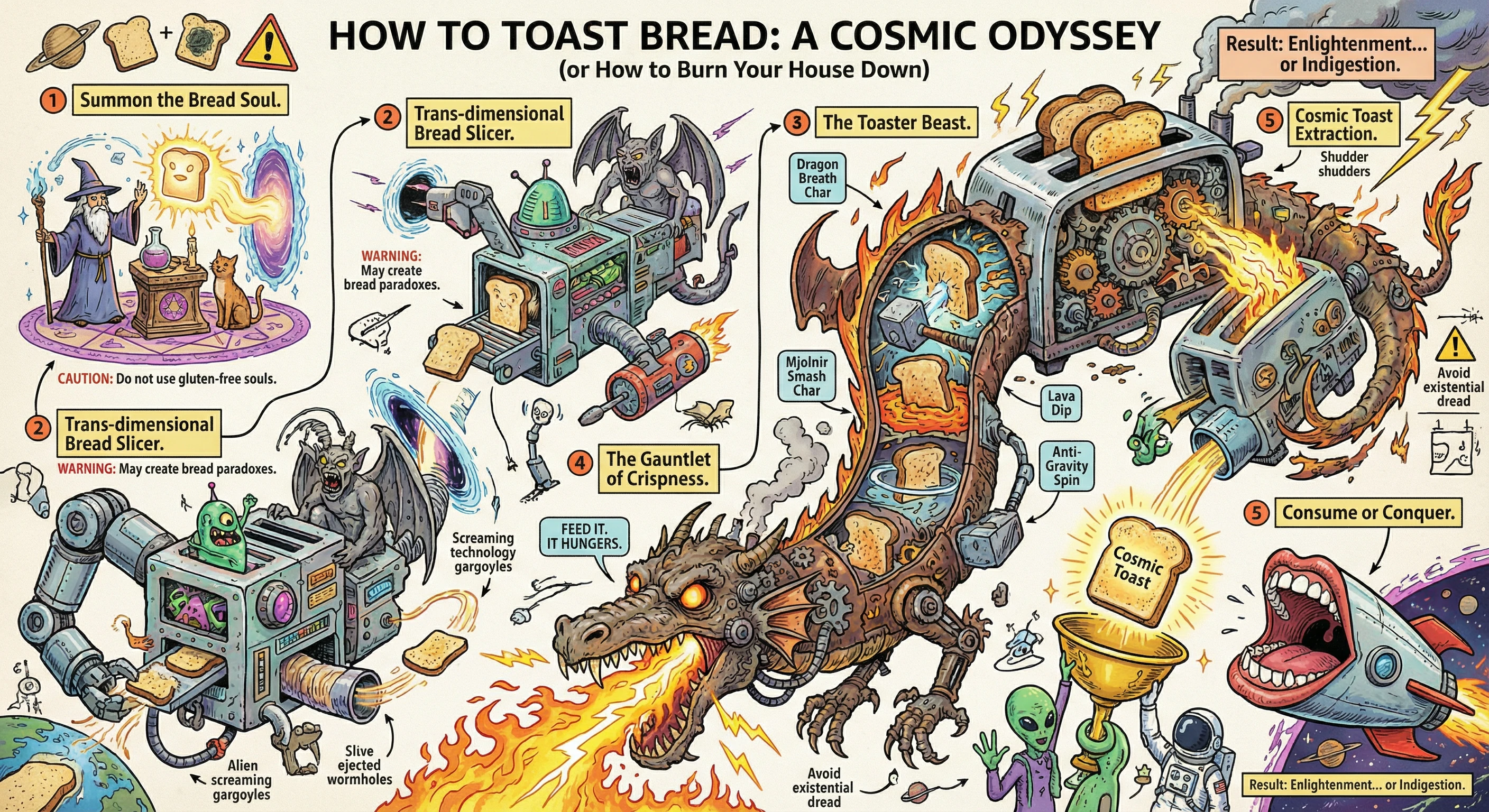 Humorous comic infographic titled "How to Toast Bread: A Cosmic Odyssey" showing an absurd fantasy flowchart with fantastical machines, characters, and a giant mechanical dragon toaster.