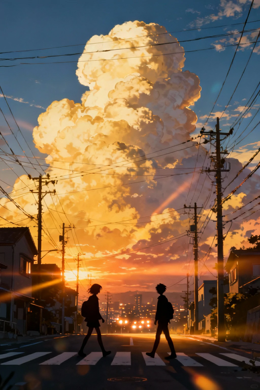 Anime-style illustration of two silhouetted students walking on a crosswalk at sunset, framed by telephone poles and a massive, golden cumulonimbus cloud in the background.