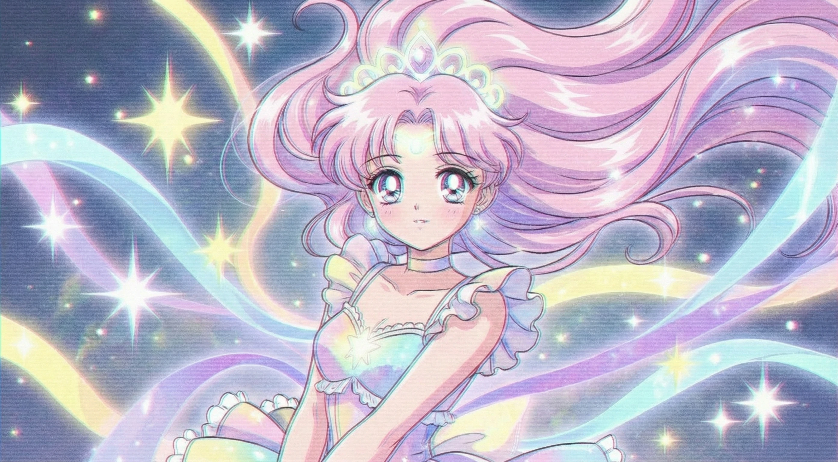 Retro 90s anime-style illustration of a magical girl with flowing pink hair, a tiara, and a pastel dress, surrounded by glowing rainbow ribbons and sparkling stars.
