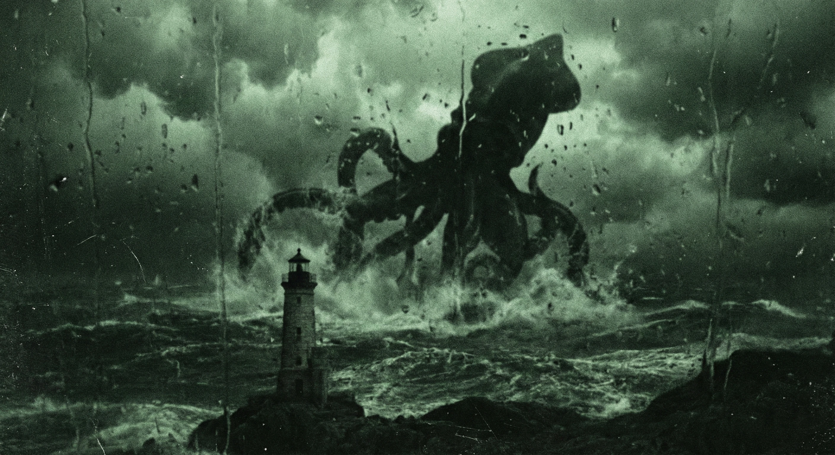 Vintage-style dark fantasy art seen through a rainy window, showing a massive kraken sea monster with tentacles emerging from a stormy ocean behind a stone lighthouse.