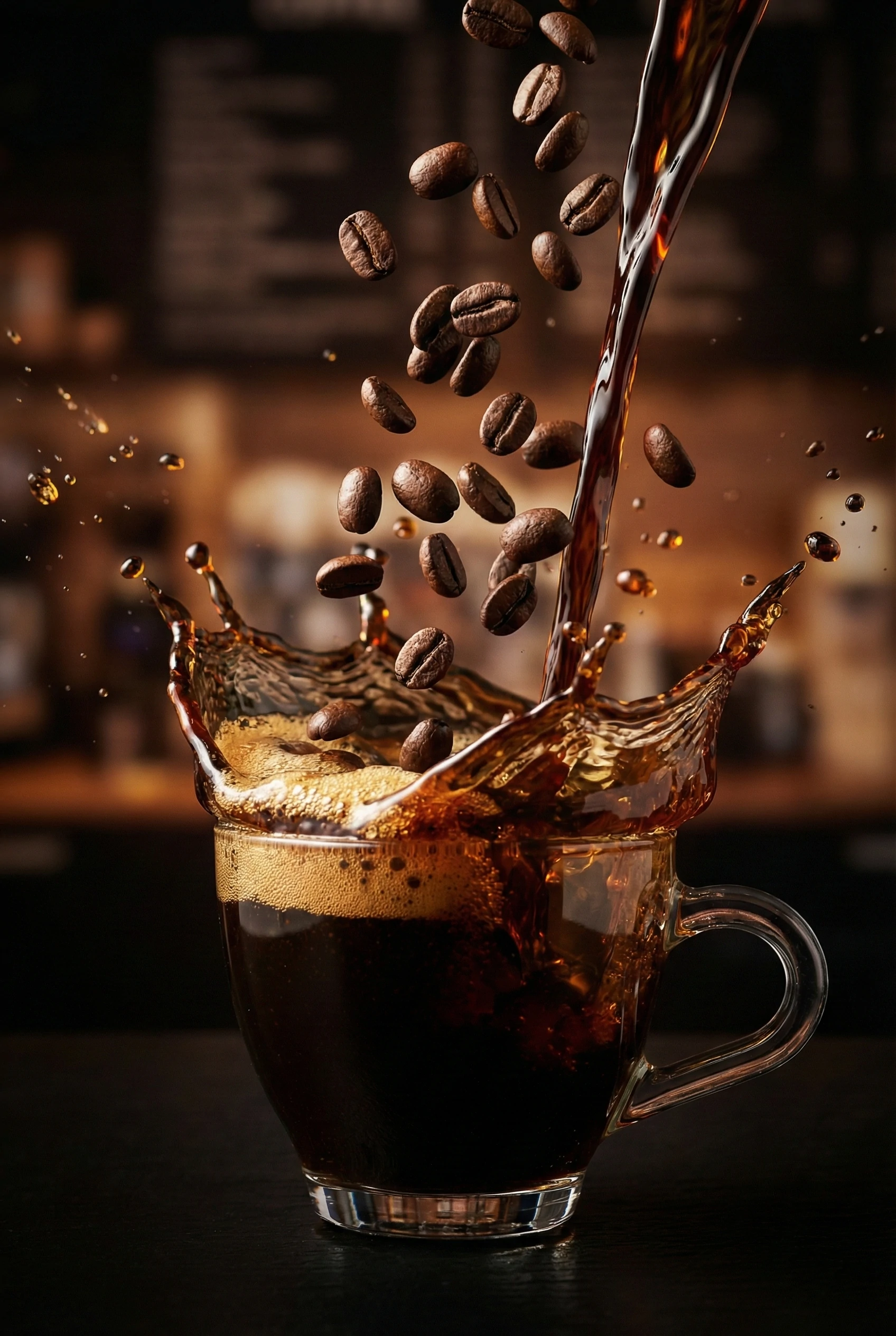 High-speed photography of roasted coffee beans falling into a glass cup of dark espresso, creating a dramatic liquid splash against a warm, blurred cafe background.
