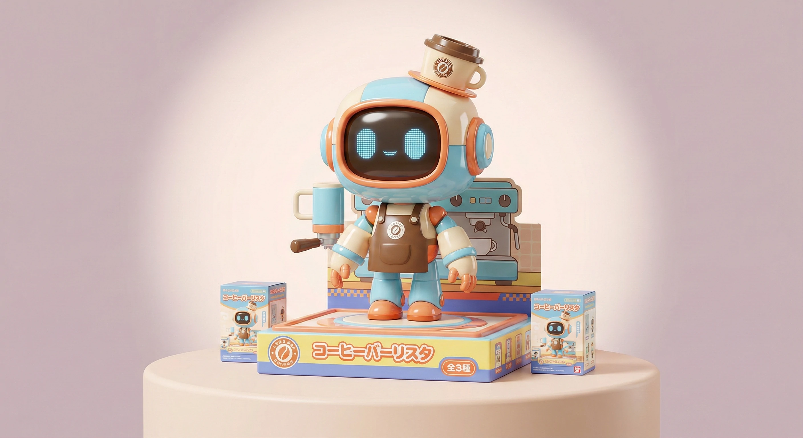 3D render of a cute retro robot barista vinyl toy with a digital face, wearing a brown apron and coffee cup hat. Displayed on a colorful stand with Japanese text and two blind boxes.