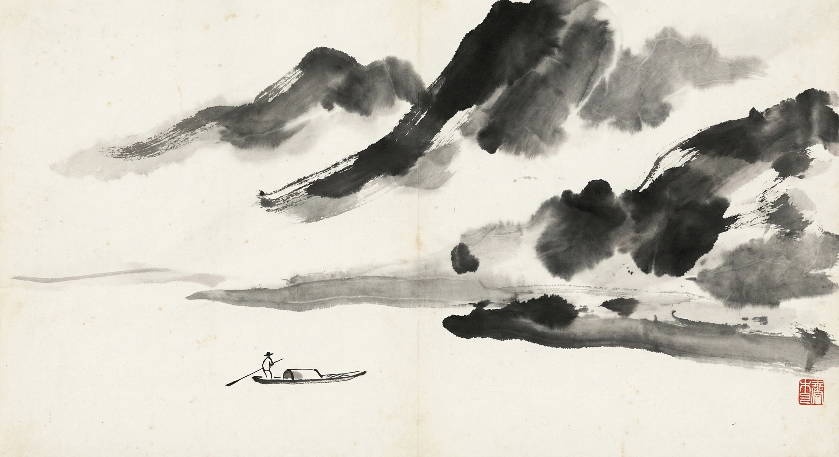 Minimalist traditional Chinese ink wash painting depicting abstract dark mountains, flowing mist, and a lone figure rowing a small boat on a river.