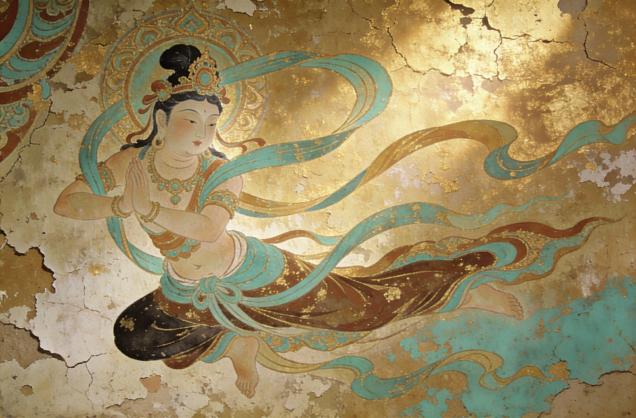 Traditional Asian mural painting on a cracked wall featuring an elegant flying Apsara deity with flowing green ribbons and gold leaf details.