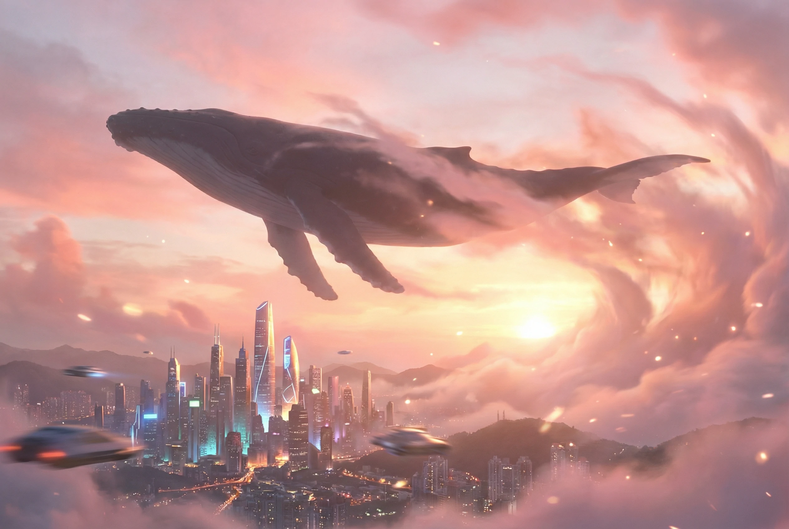 Cinematic fantasy art of a giant humpback whale flying through glowing pink sunset clouds above a futuristic city with illuminated towers and passing air vehicles.