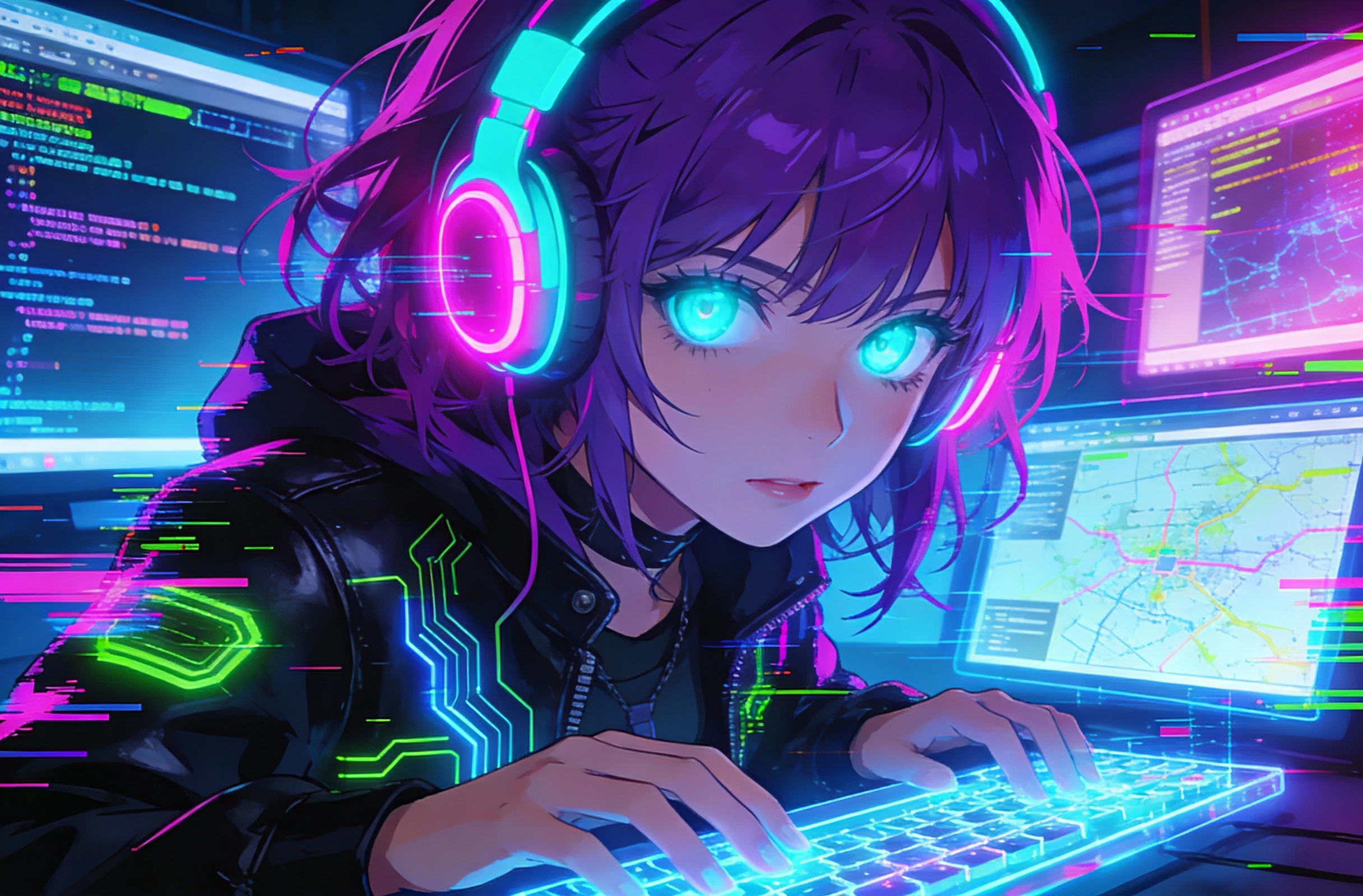 Cyberpunk anime digital illustration of a girl with purple hair and glowing blue eyes wearing a headset, hacking on a neon keyboard with computer screens and glitch effects.
