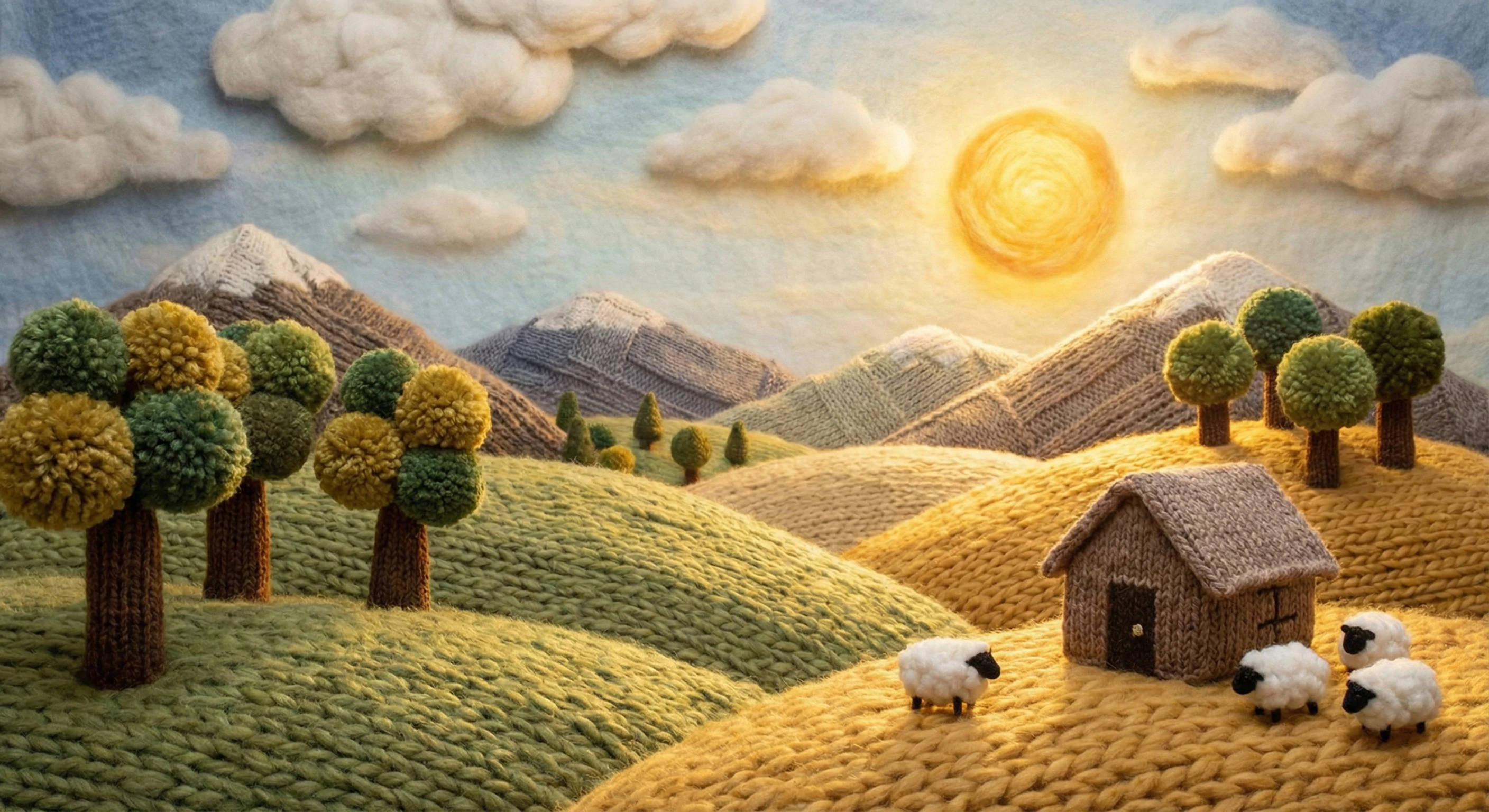 Textured yarn art landscape featuring knitted rolling hills, green trees, white sheep, a cozy brown house, distant mountains, and a bright sun under fluffy clouds.