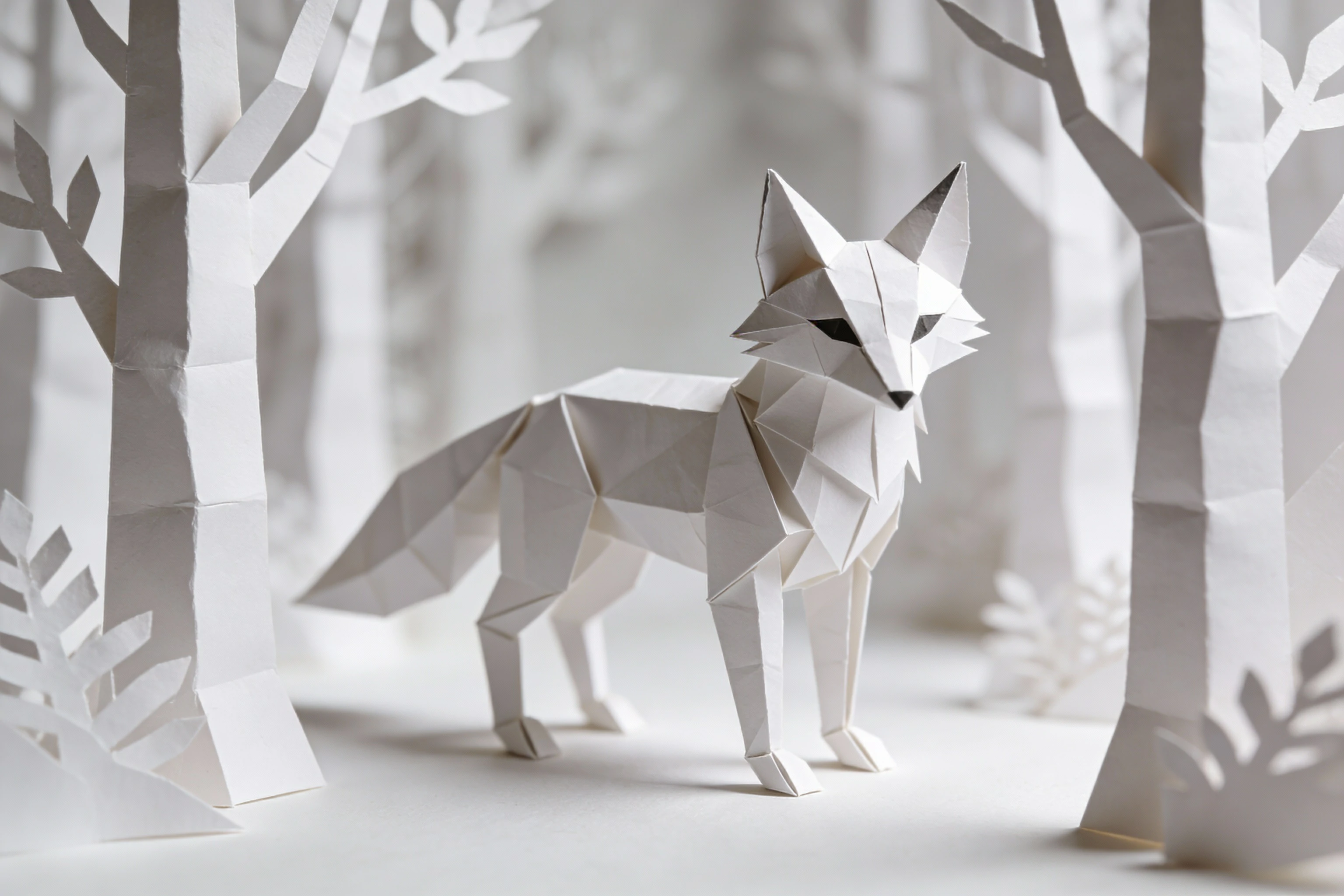 Clean white origami papercraft art featuring a geometric folded paper fox standing among stylized paper trees in a minimalist winter forest setting.