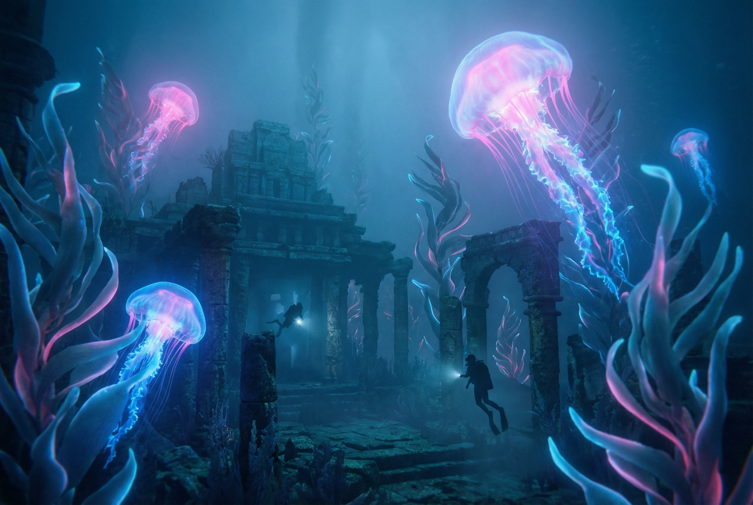 Fantasy digital art of scuba divers exploring ancient sunken stone ruins. Giant glowing pink and blue bioluminescent jellyfish float among tall kelp in the deep, mysterious underwater scene.