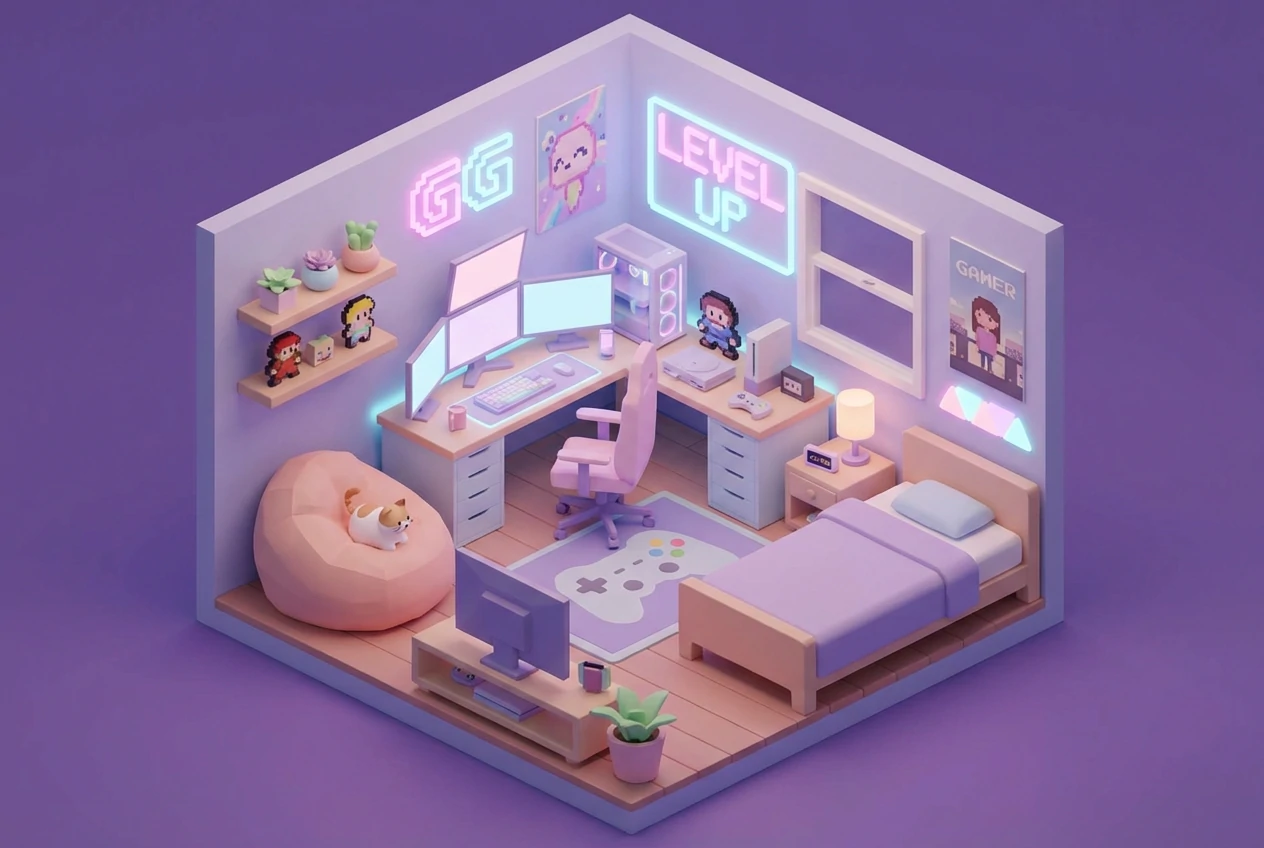 3D isometric render of a cute pastel purple gamer bedroom with a multi-monitor PC setup, neon signs, bed, and a white and orange cat resting on a pink beanbag.