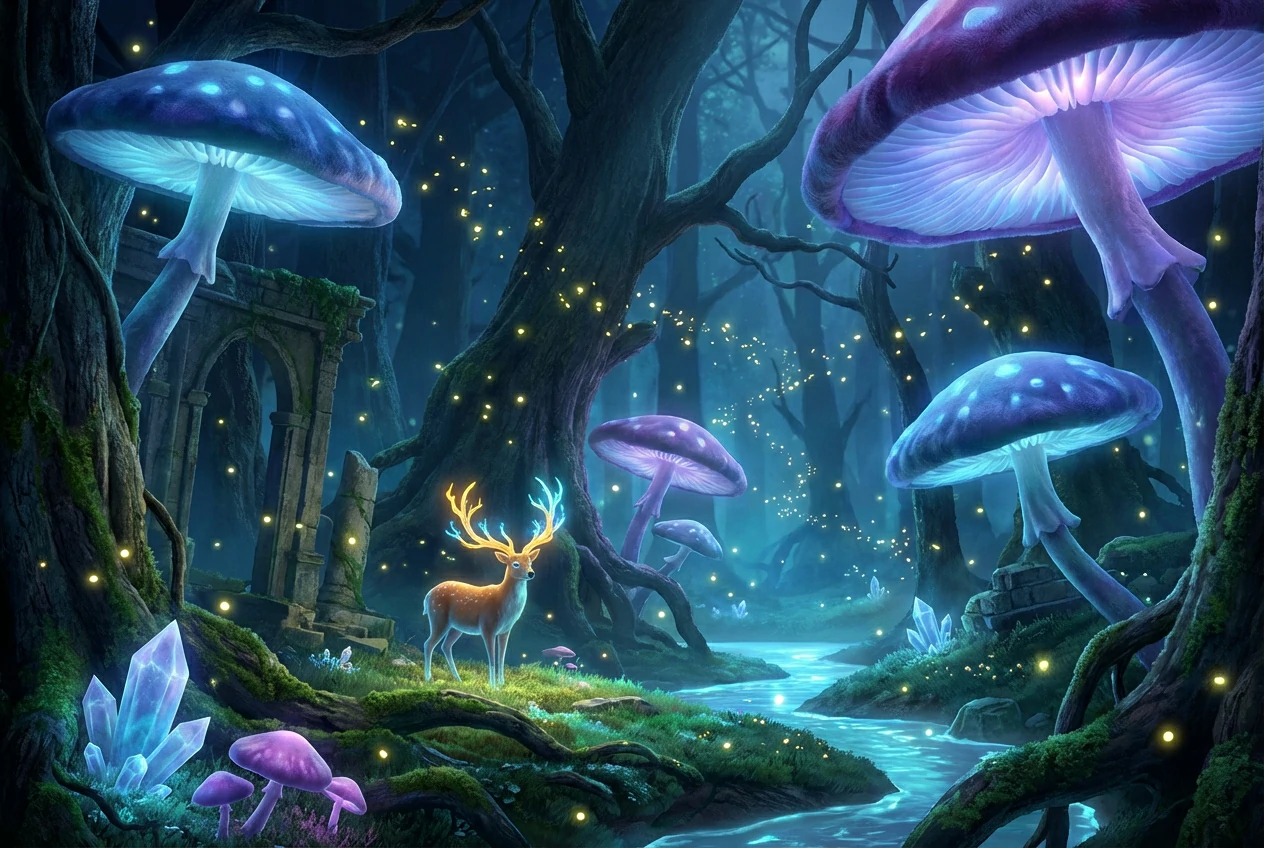 Fantasy digital art of a magical night forest with giant glowing bioluminescent mushrooms, a glowing deer, blue crystals, and fireflies near a winding stream.
