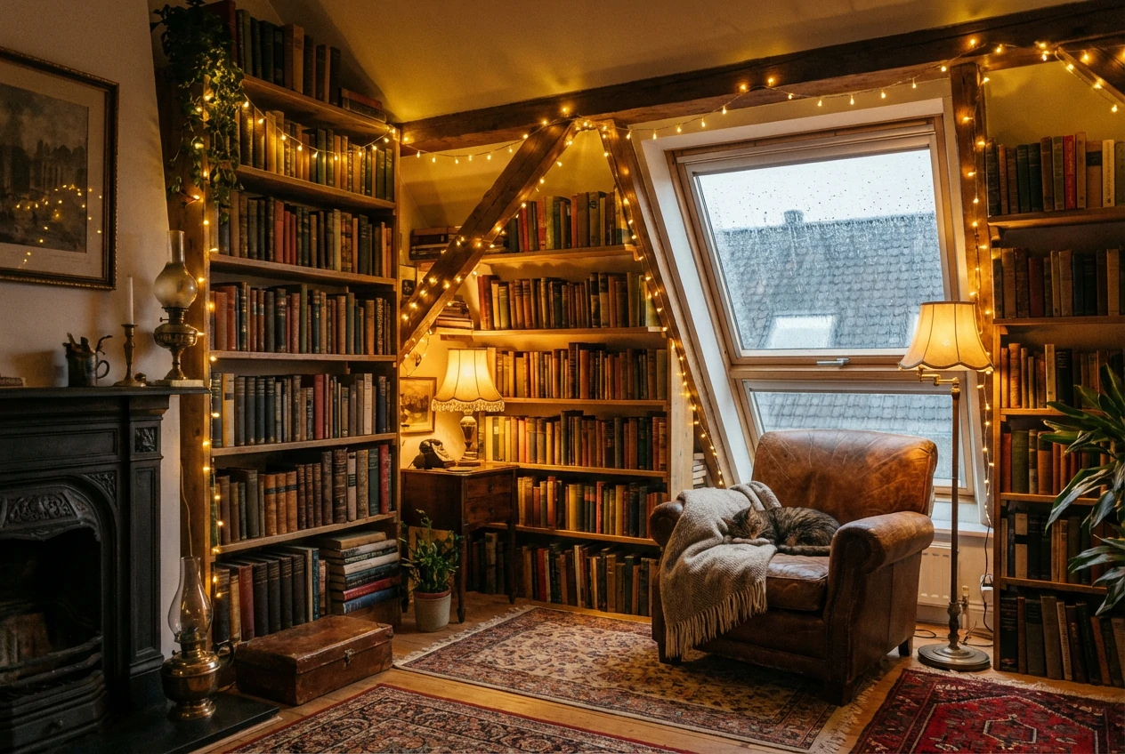 Cozy attic library reading room with packed bookshelves, warm string lights, a fireplace, and a tabby cat sleeping on a brown leather armchair under a rainy skylight.