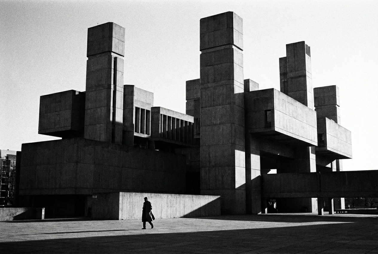 Black and white photograph of a massive brutalist concrete building with geometric towers. A lone silhouette of a person walks across the plaza, highlighting the dramatic scale and shadows.