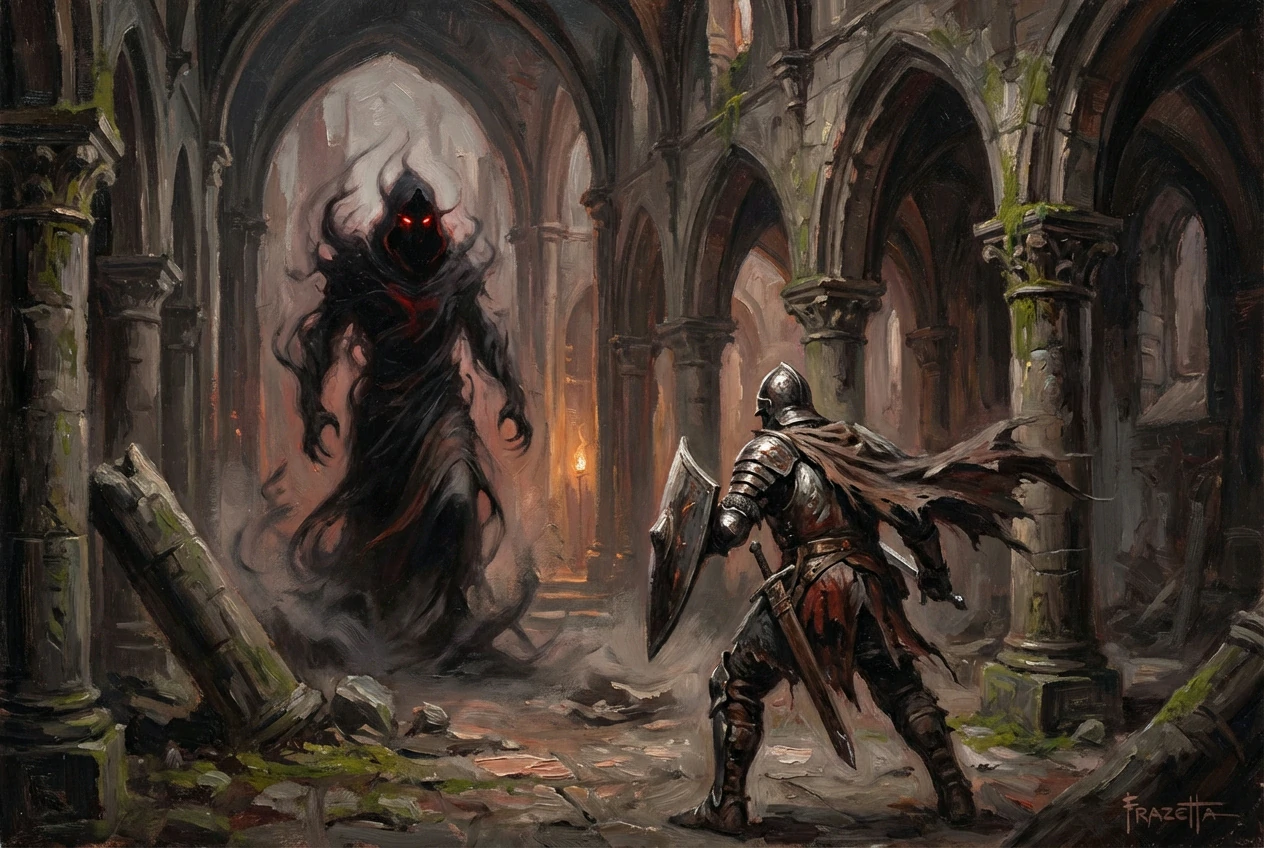 Dark fantasy oil painting of an armored knight with shield raised, facing a red-eyed shadow wraith among broken arches, rubble, and moss in a ruined Gothic cathedral.