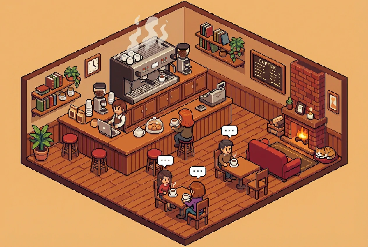 Isometric pixel art of a warm coffee shop with a wooden counter, steaming espresso machine, barista, seated customers, red sofa, fireplace, plants, and a sleeping cat.