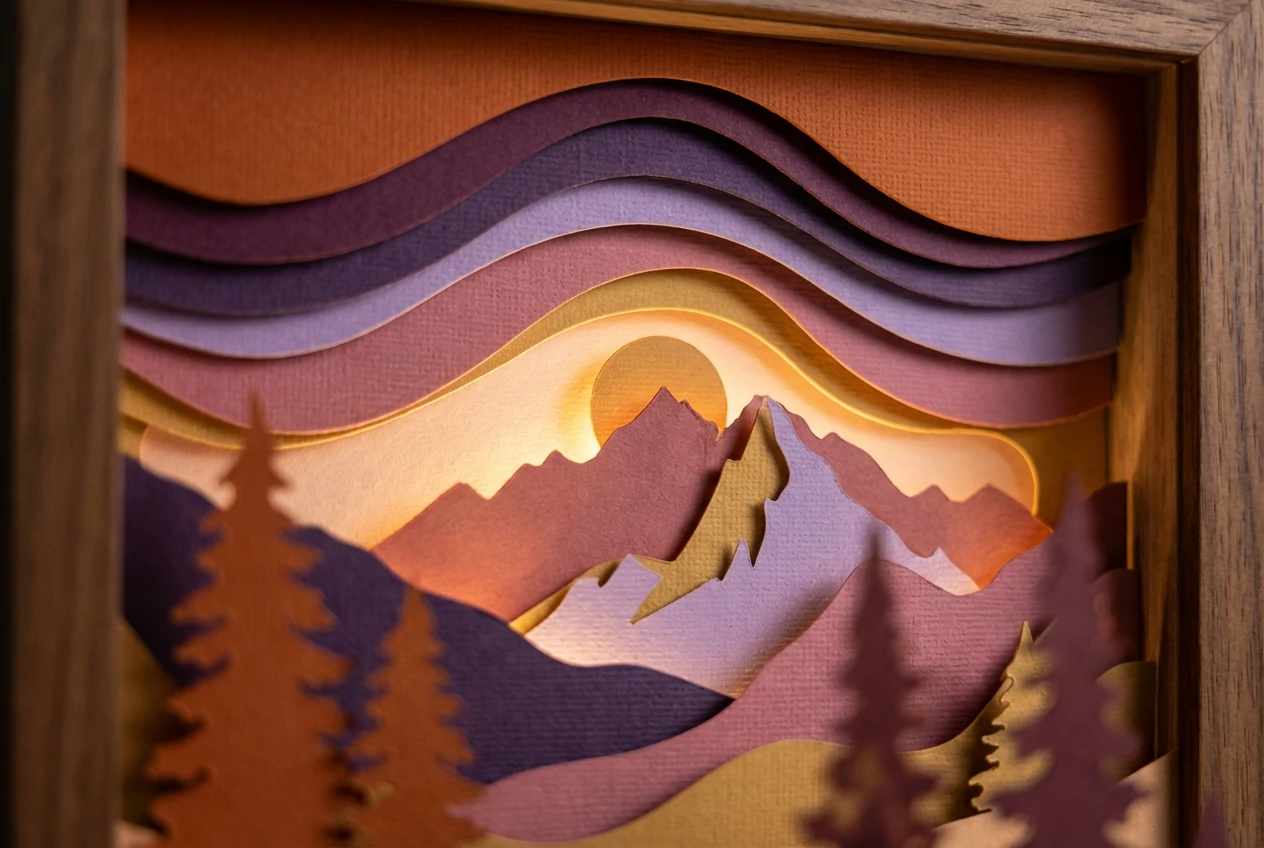 Layered paper-cut mountain landscape in a wooden frame, showing a glowing sunset, pine trees, distant peaks, and a winding valley in warm pastel colors.