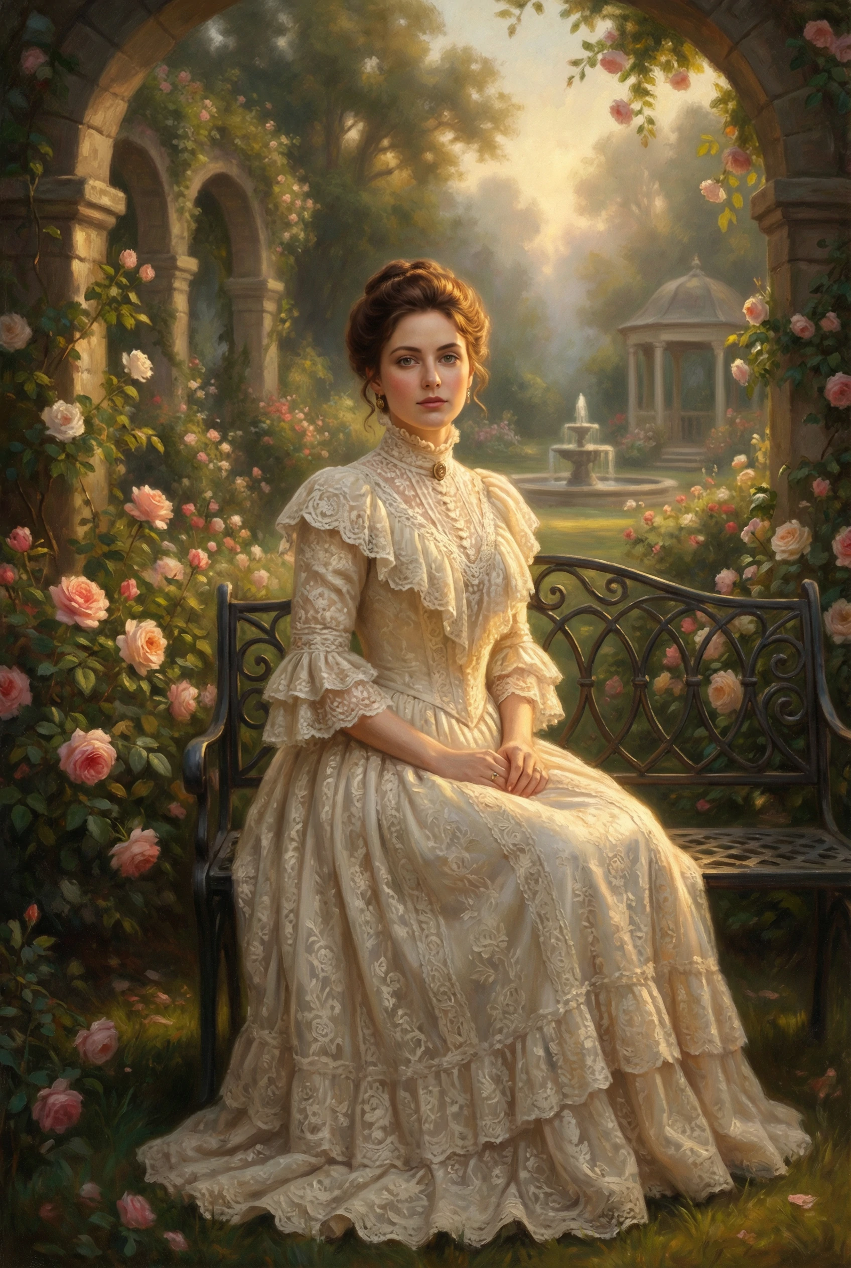 Classic oil painting style portrait of an elegant woman in a vintage white lace dress, sitting on a bench in a beautiful rose garden with stone arches and a fountain.