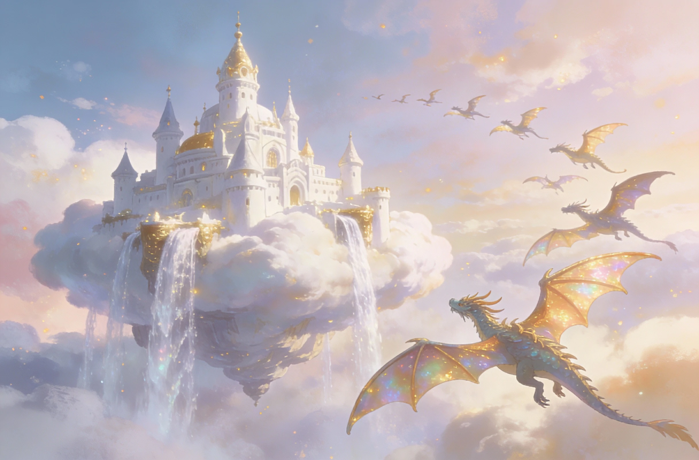 Fantasy digital art of a majestic white and gold castle floating on clouds with waterfalls, surrounded by dragons with iridescent wings flying in a sunset sky.