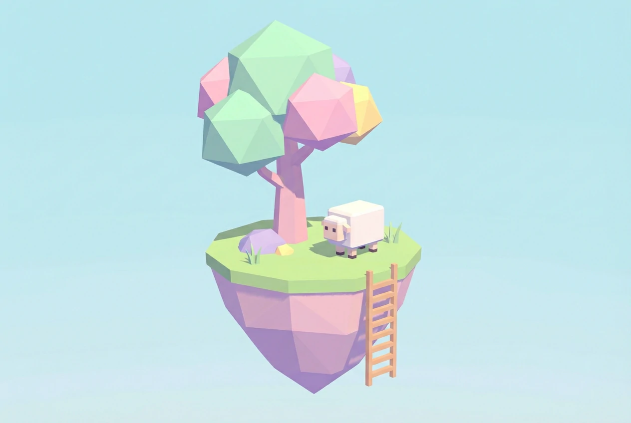 3D low-poly illustration of a cute white sheep standing on a floating island with a pastel geometric tree and a wooden ladder against a light blue background.