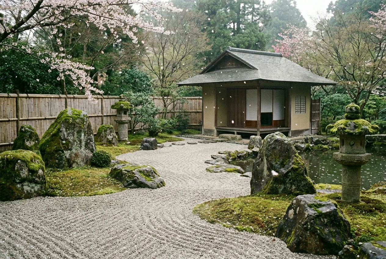 Serene photograph of a traditional Japanese Zen garden featuring a wooden tea house, raked white sand, moss-covered rocks, a pond, and falling pink cherry blossoms.